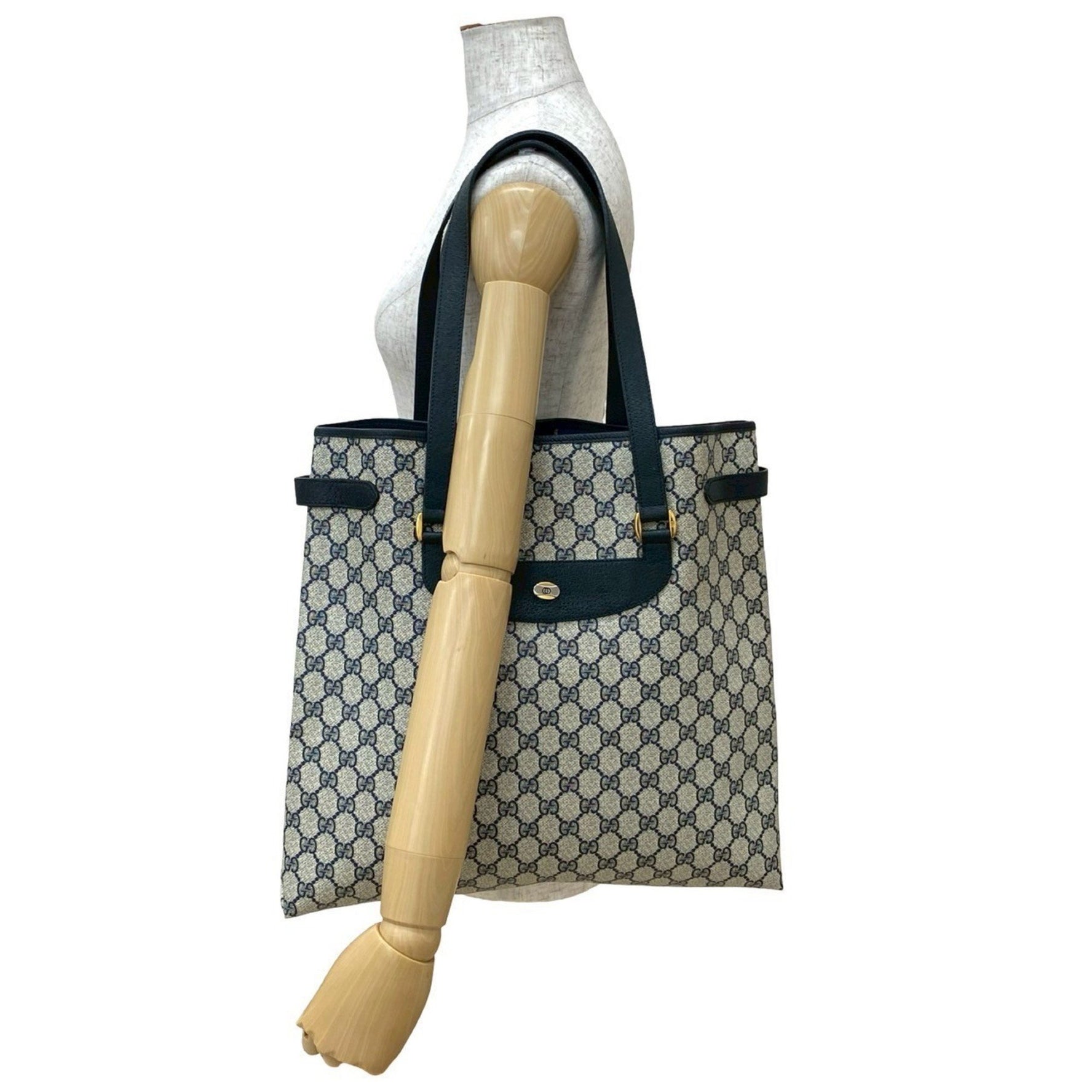 GUCCI Old Gucci GG Logo Hardware Leather Tote Bag Handbag Semi-Shoulder Navy 91-10