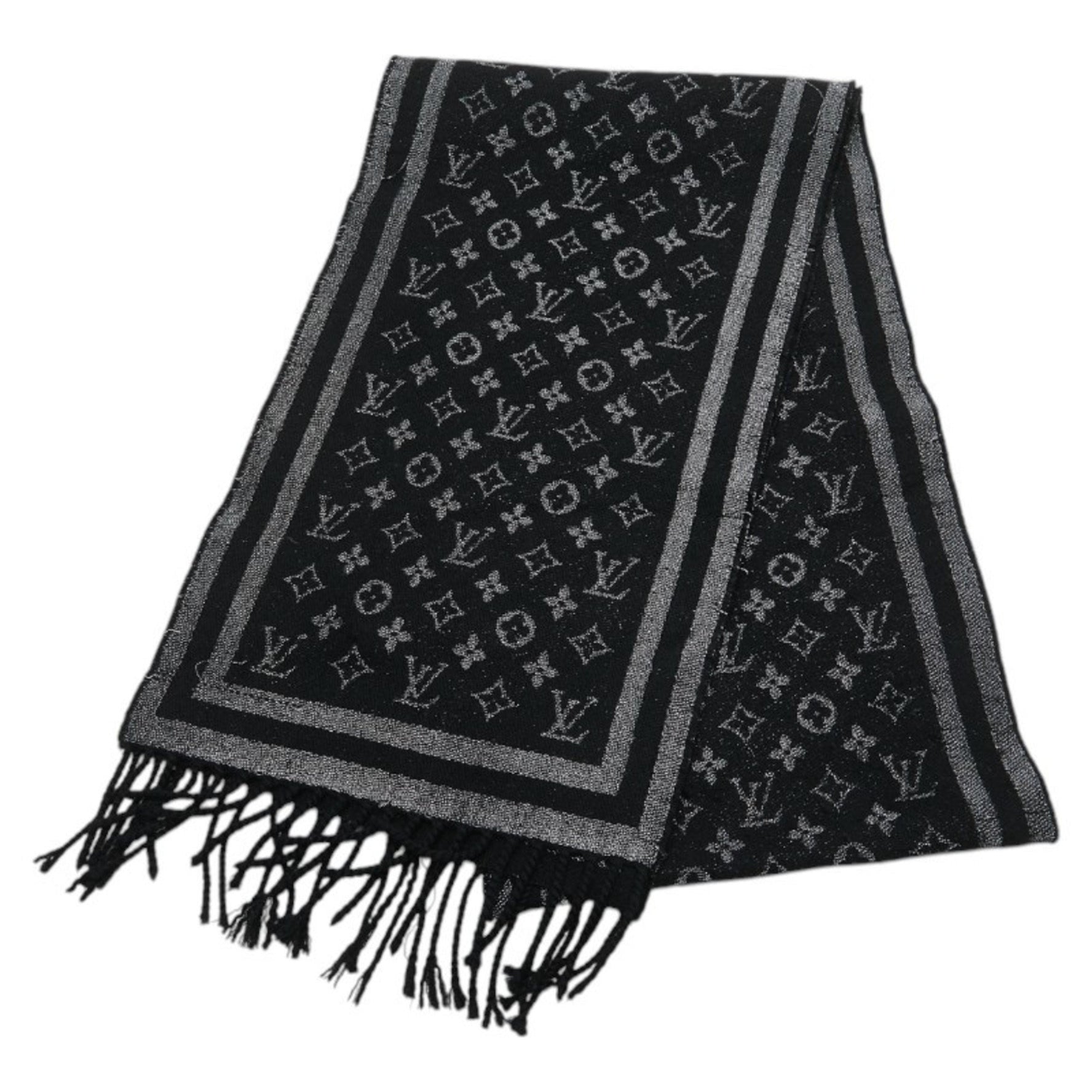 Louis Vuitton Monogram Scarf Black Silver Wool Cashmere