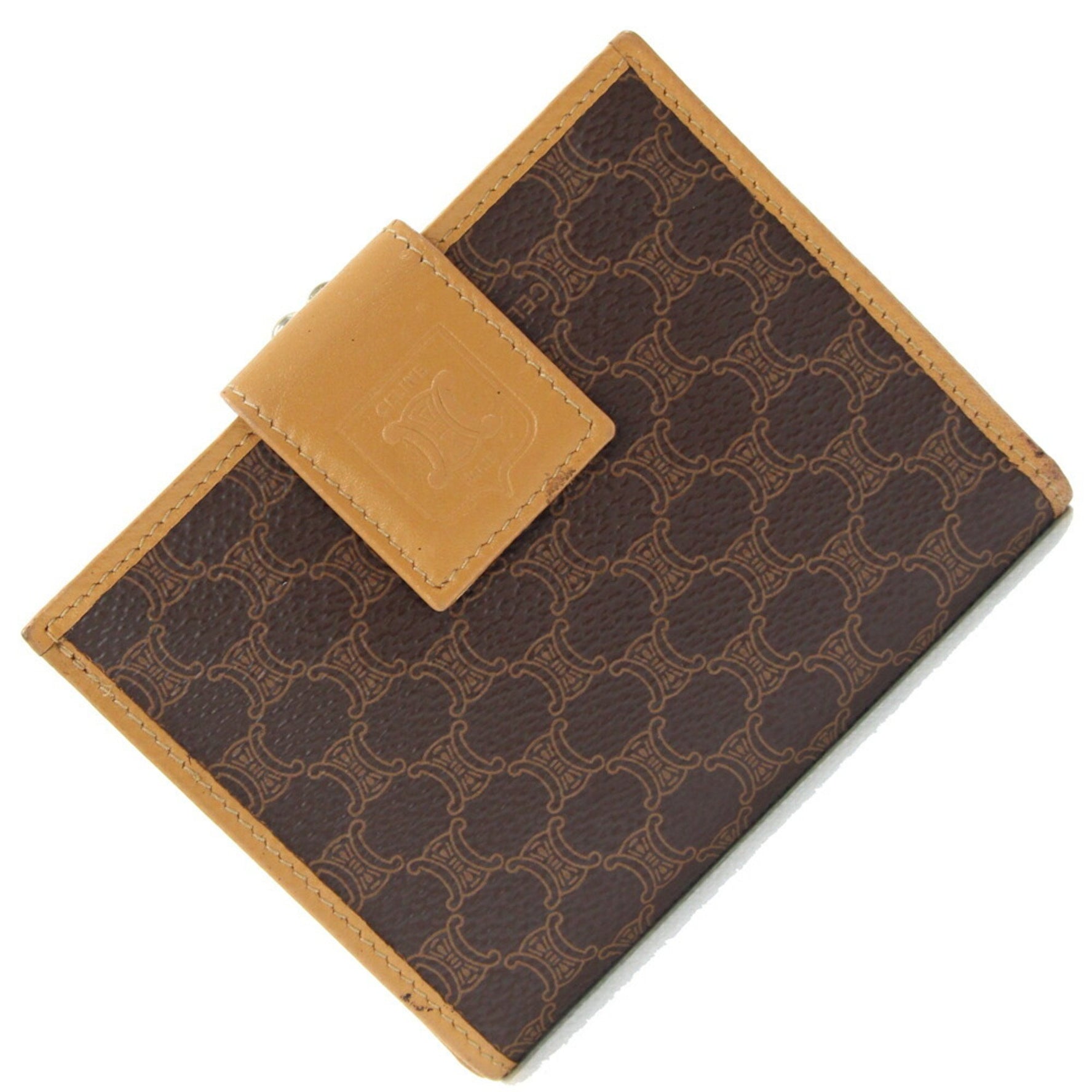 Celine bifold wallet in macadam, dark brown, beige, PVC, and leather. Compact wallet/mini wallet. For older