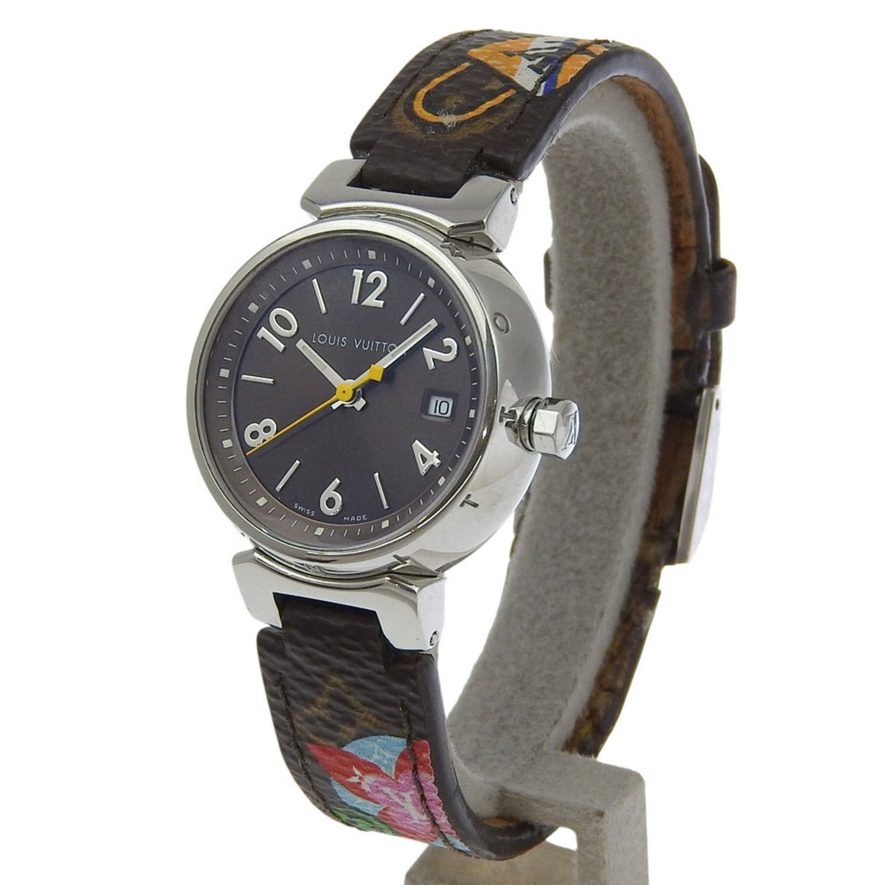 Louis Vuitton Tambour Watch Stainless Steel and Monogram Canvas, Quartz Movement, Analog Display, Brown Dial