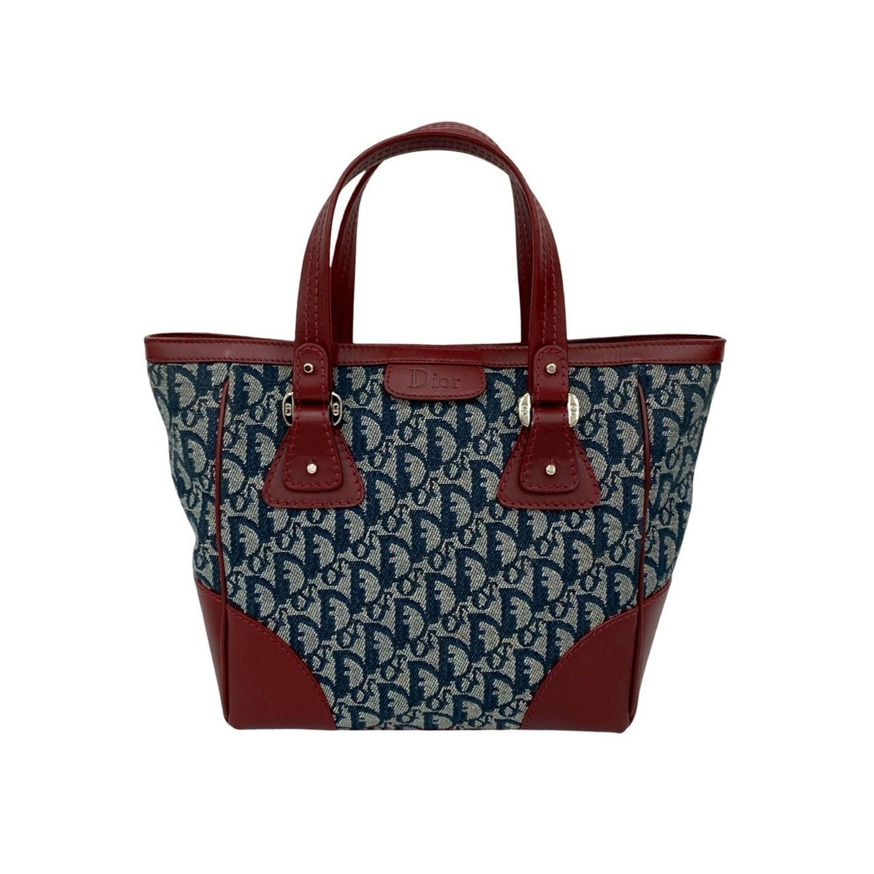 Christian Dior Trotter Pattern Canvas and Leather Handbag/Tote Bag, Navy Bordeaux