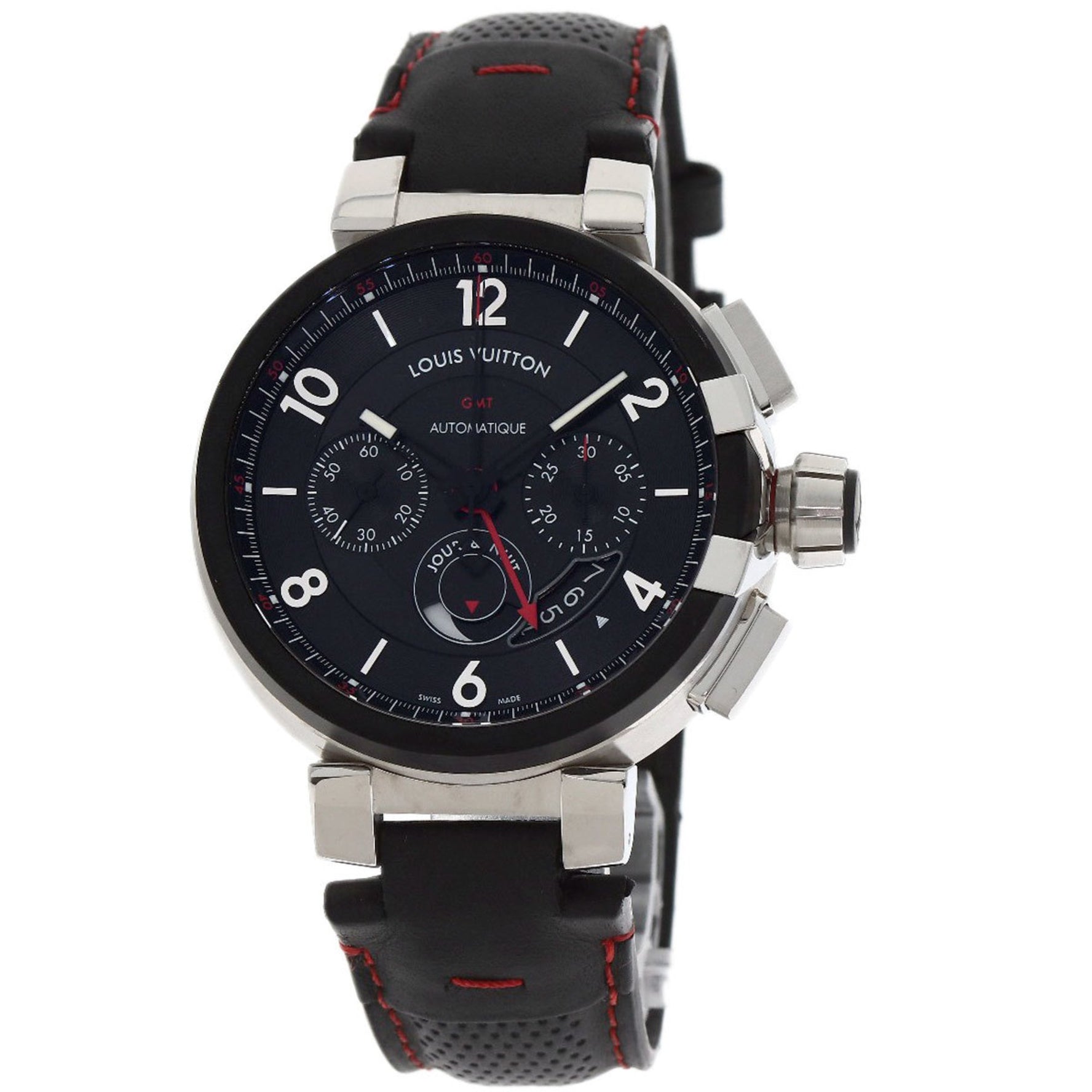 Louis Vuitton Tambour Chronograph GMT Evolution Watch in Stainless Steel and Leather