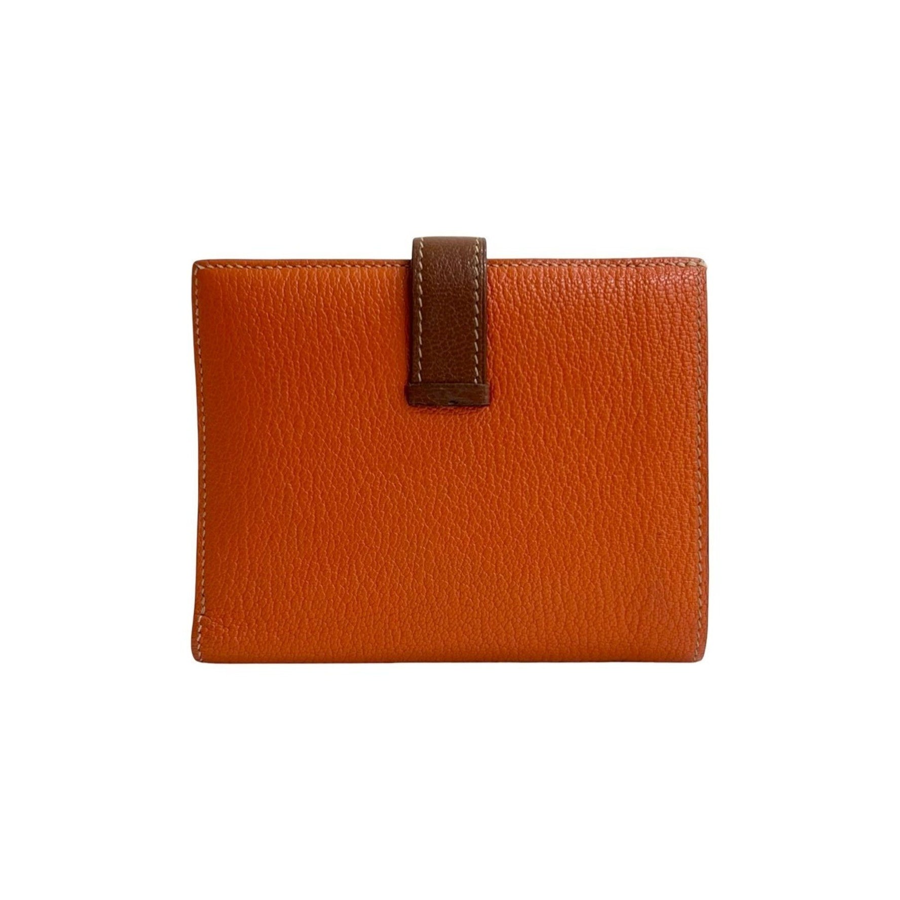 □O Stamped HERMES Bearn Compact Chevre Mysore Leather Bi-fold Wallet Mini Orange Brown