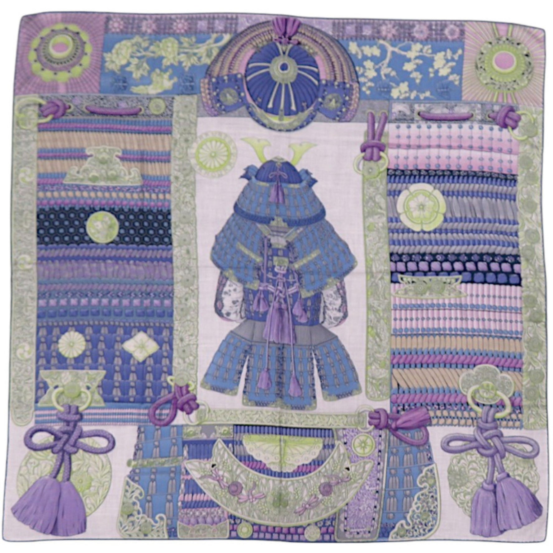 Hermes Hermès Carré 140 Samurai Armor, Parures de Samourais, Cashmere and Silk, Blue Stole, 0480