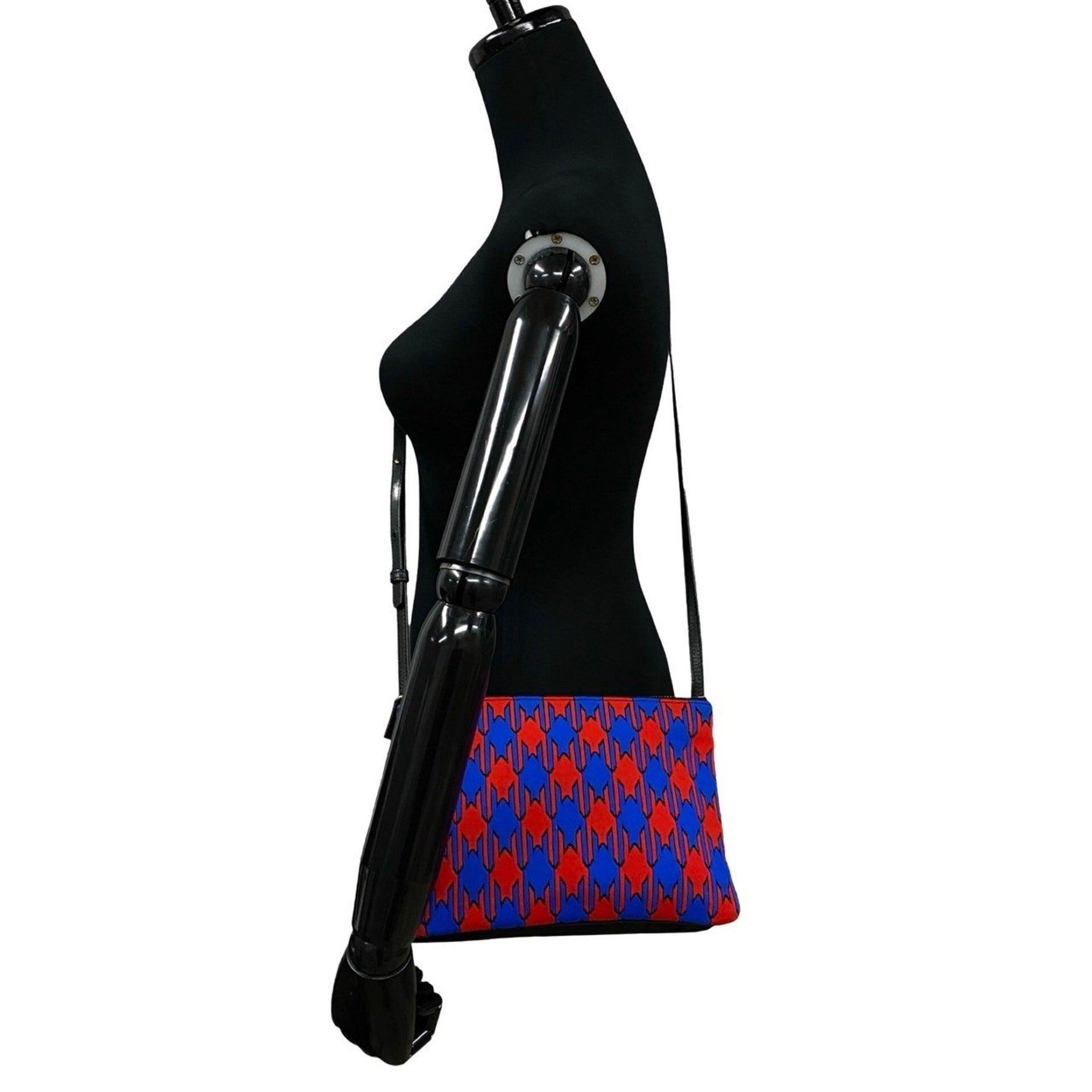 CELINE Trio Houndstooth Print Leather and Cotton Shoulder Bag/Pochette/Sacoche in Black, Red, Blue