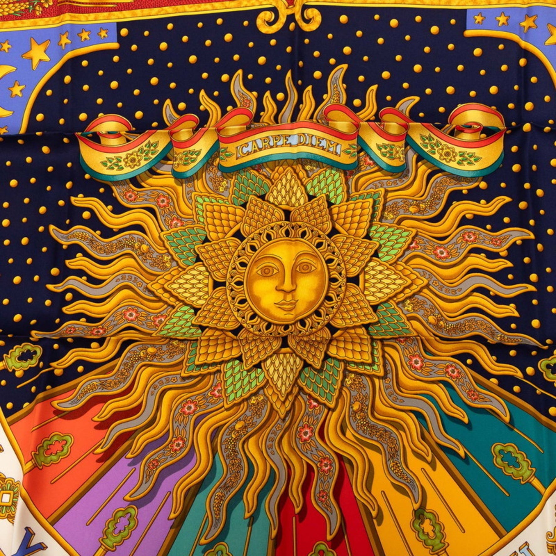 Hermes Hermès Carré 90 CARPE DIEM "Enjoy Today" Scarf, Navy, Gold, Multicolor, Silk
