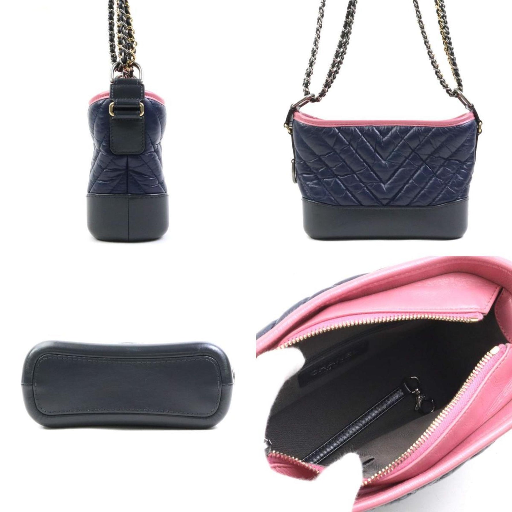 CHANEL Gabrielle de Shoulder Bag, Leather, Metal, Gray, Navy, Pink