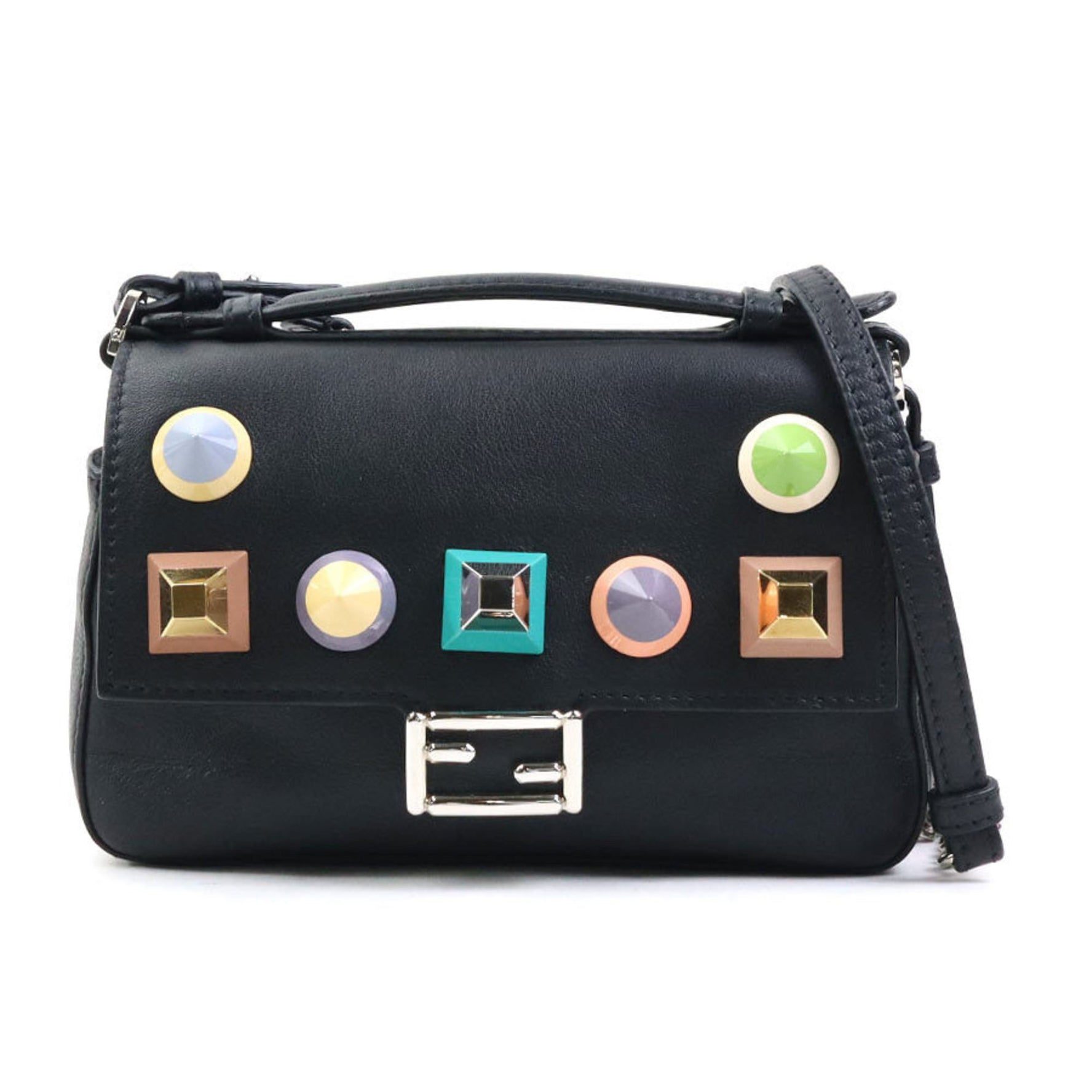 FENDI Handbag Shoulder Bag Double Micro Baguette Leather Black Multicolor Silver