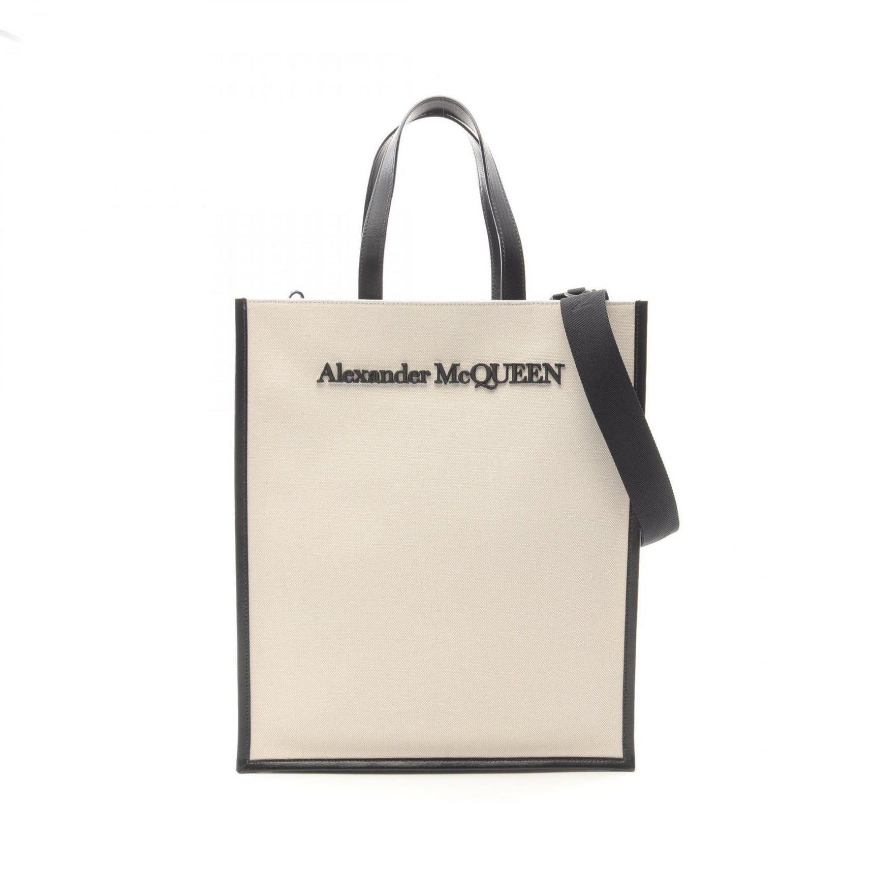 Alexander McQueen N S logo embroidered tote bag, canvas and leather, white black