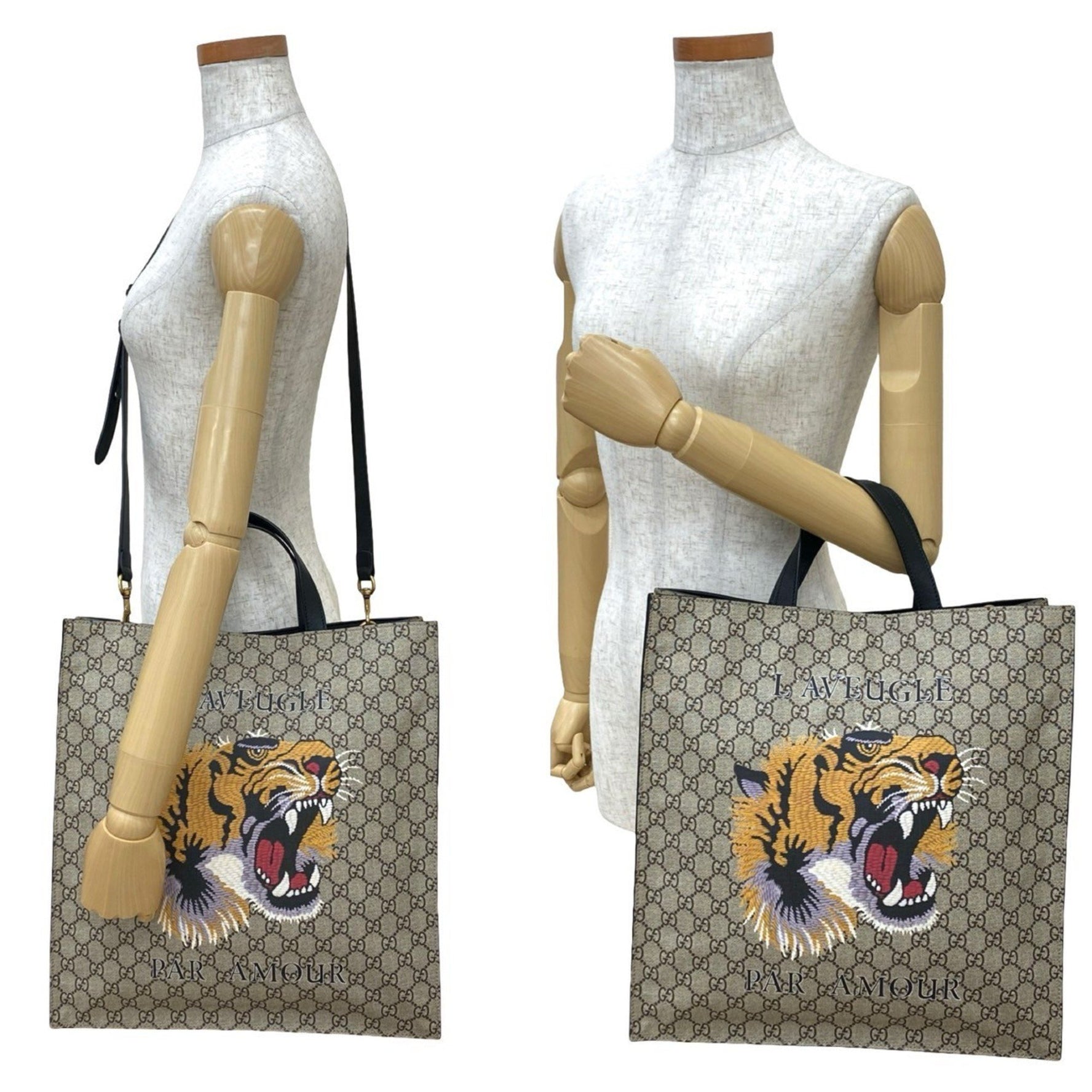 GUCCI GG Supreme Tiger Leather Tote Bag, Handbag, Shoulder Brown, Beige, Black