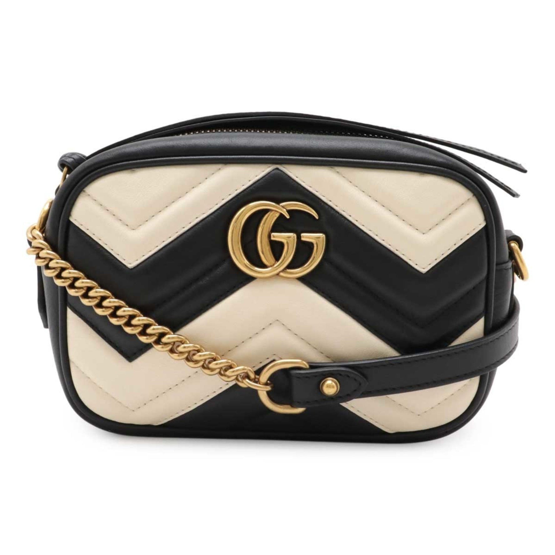GUCCI GG Marmont quilted shoulder bag, pochette, chain bicolor leather, black, ivory