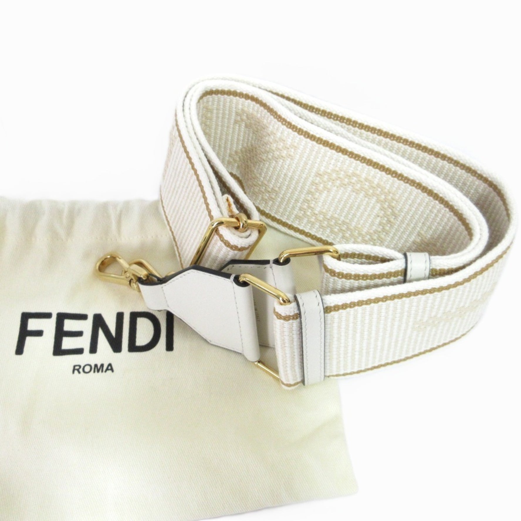 FENDI Strap You Logo Jacquard Shoulder Strap, Ivory with Gold Hardware