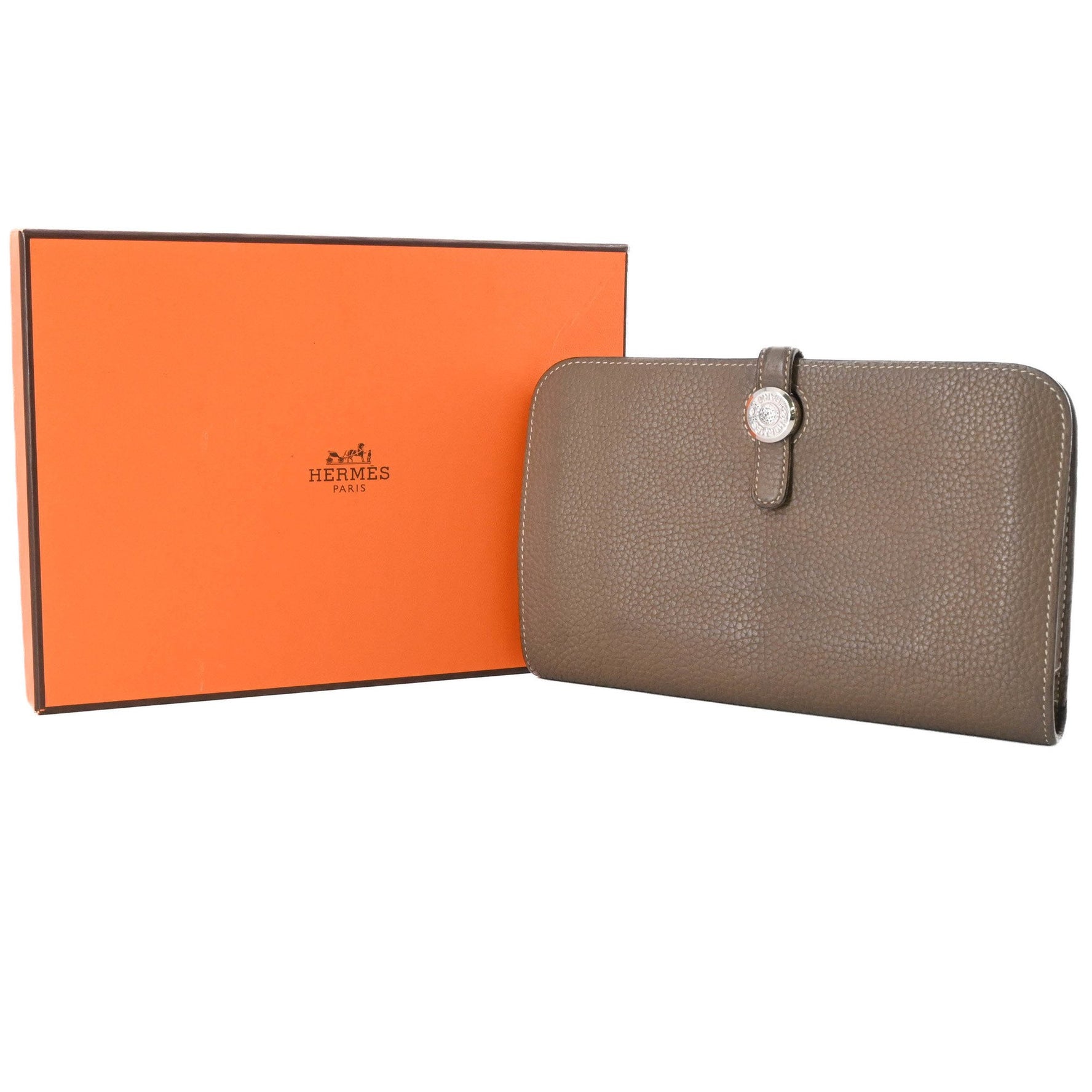 HERMES Dogon GM Duo Togo Leather Etoupe Long Wallet #D