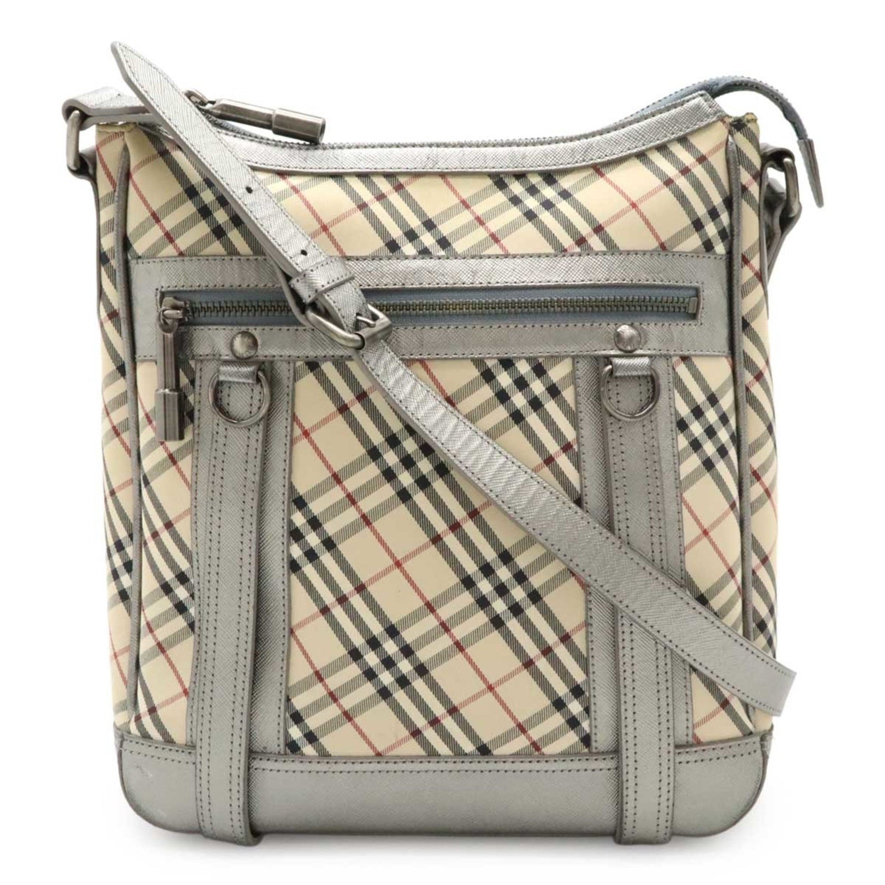 BURBERRY Nova Check Pattern Shoulder Bag Canvas Metallic Leather Beige Silver