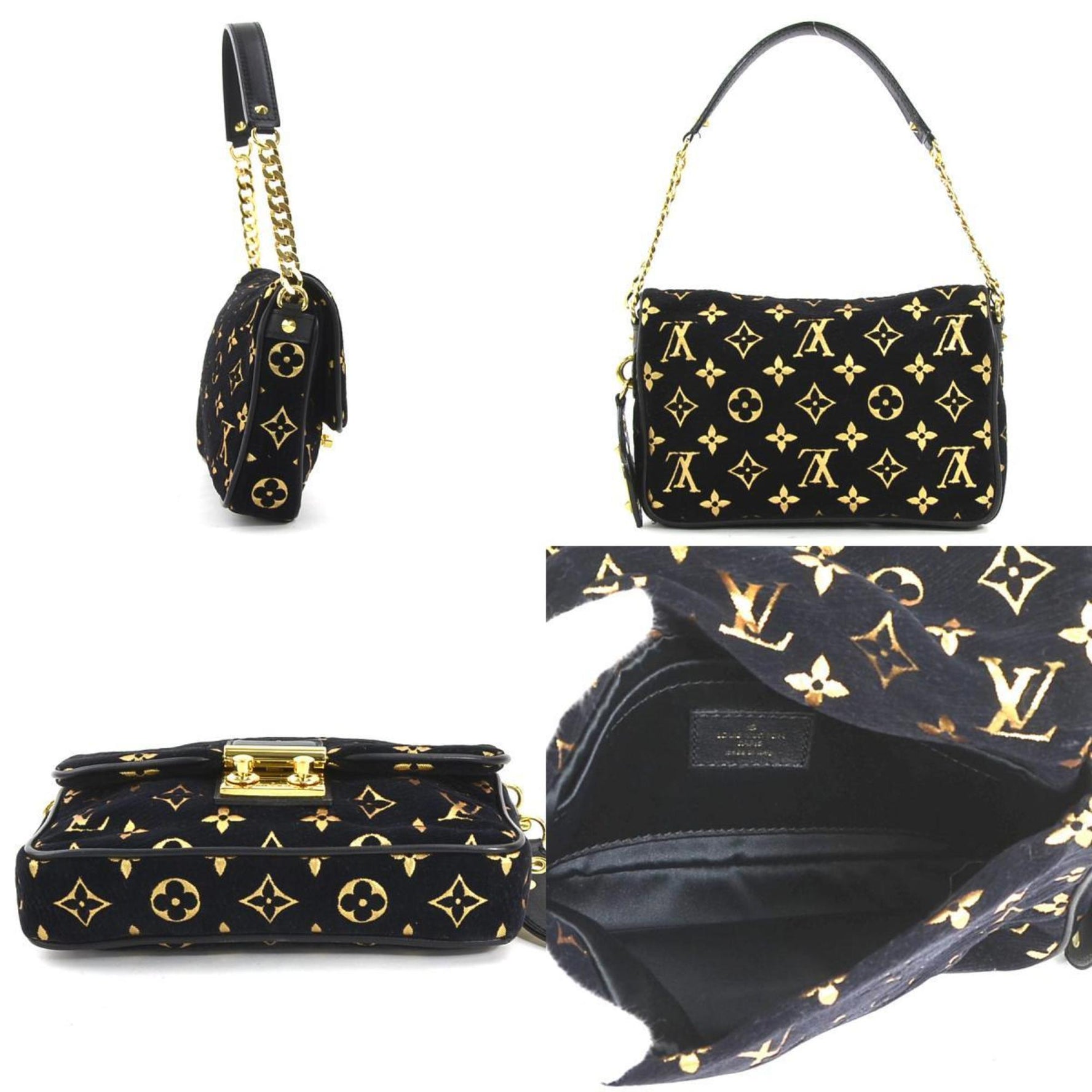Louis Vuitton Shoulder Bag 2010 Cruise Line Monogram Pochette Curry Velvet Black x Gold