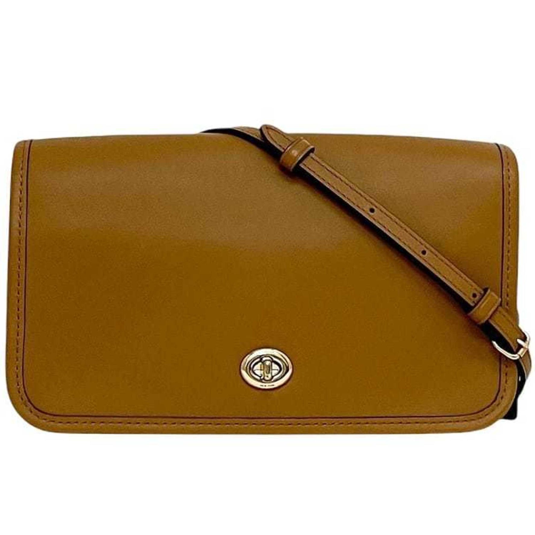 Coach Shoulder Bag Camel Brown Leather Crossbody Turnlock Flap Unisex Men's