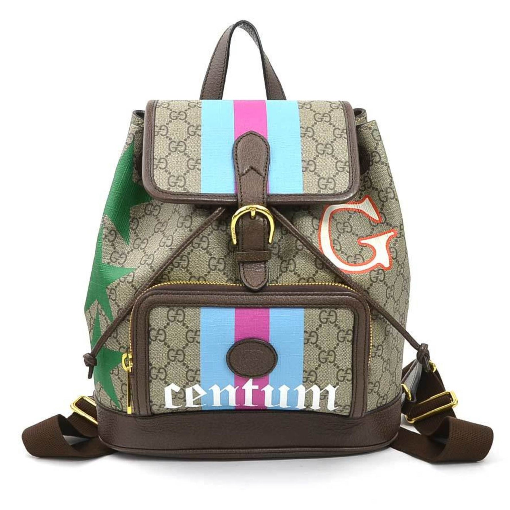 Gucci GG Supreme Canvas and Leather Backpack in Brown, Multicolor, Gold