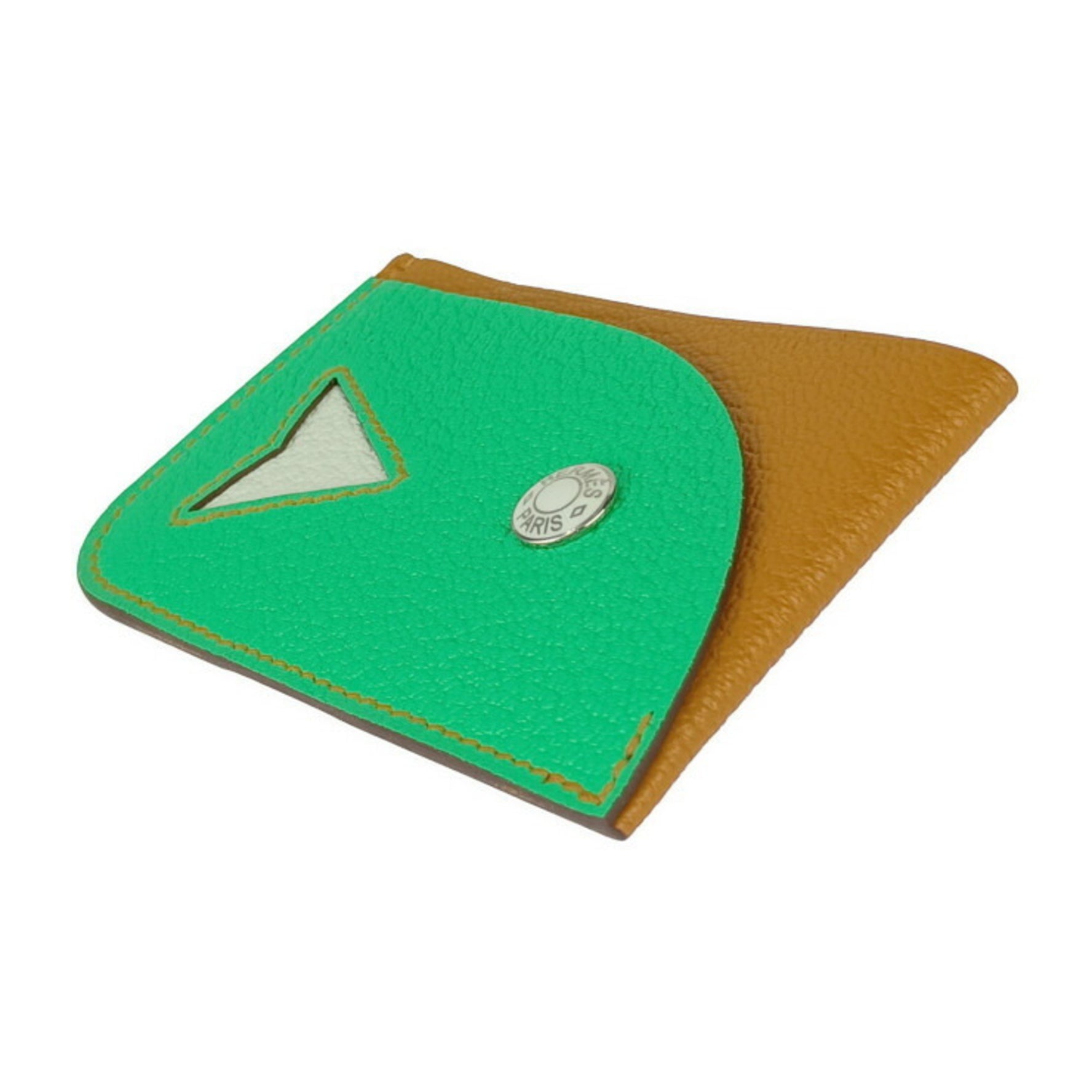 HERMES Business Card Holder/Card Case POISSON CARAMEL+VERT COMICS+VERT FIZZ Green Brown Chevre Men's Pass B Engraved