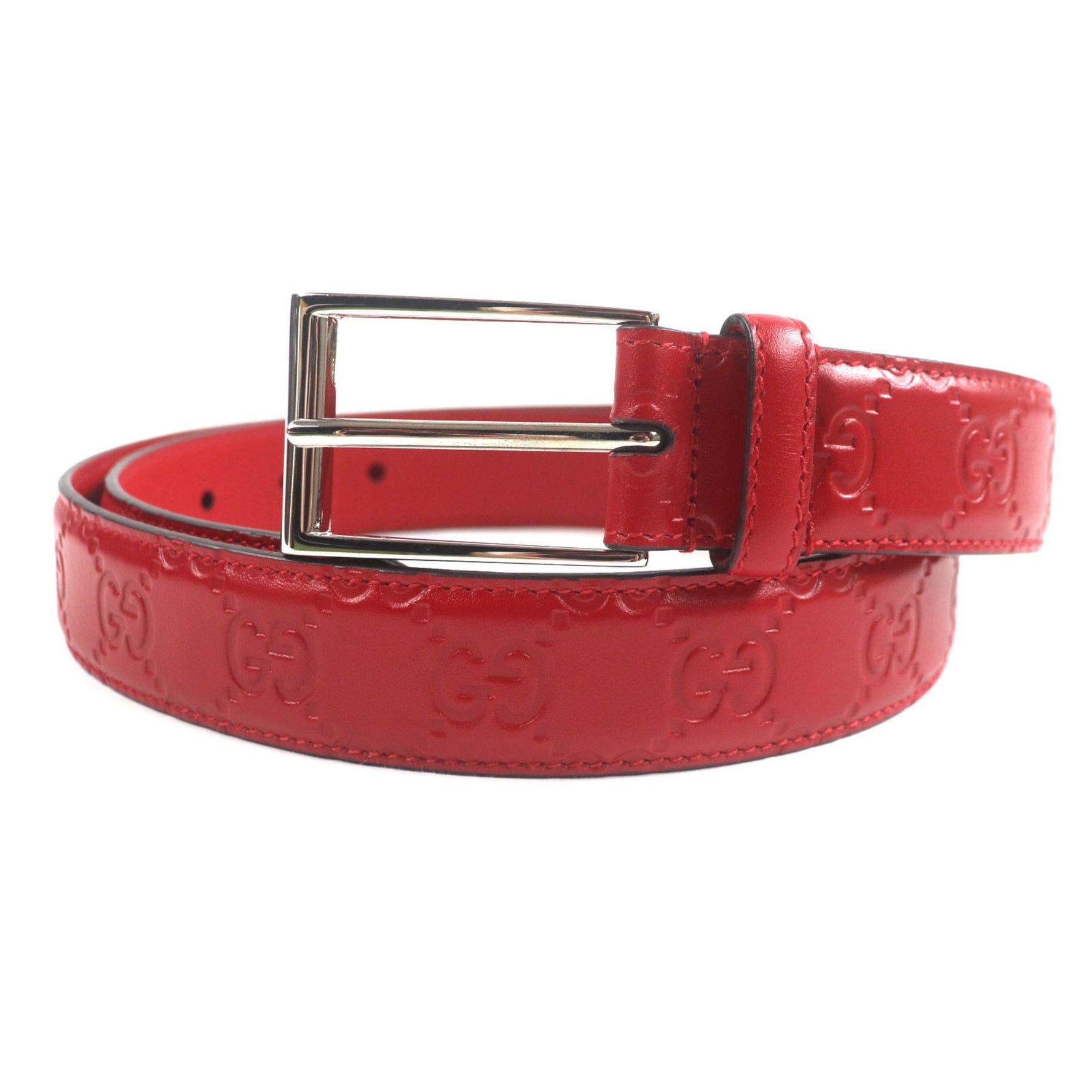 GUCCI Shima Square Buckle and Pin Leather Belt, Red with Silver Hardware, Size 90/36, Made in Italy, Includes Box Dust Bag