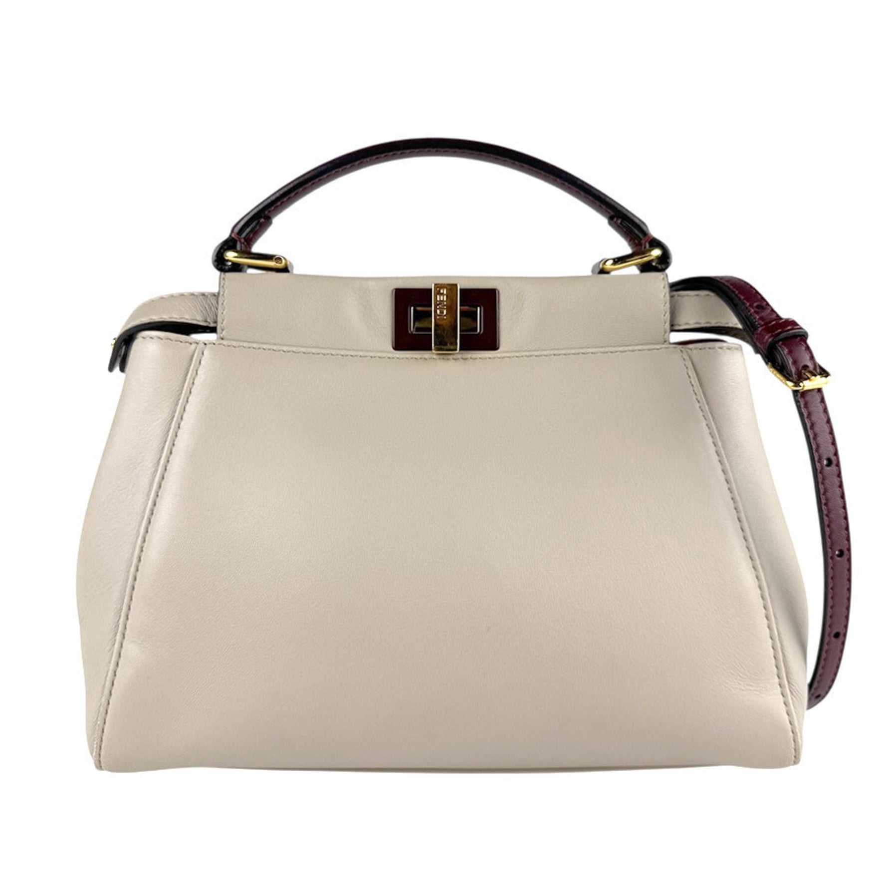 FENDI Peekaboo Mini Iconic Leather Handbag Shoulder Bag in Greige, Burgundy, and Gold
