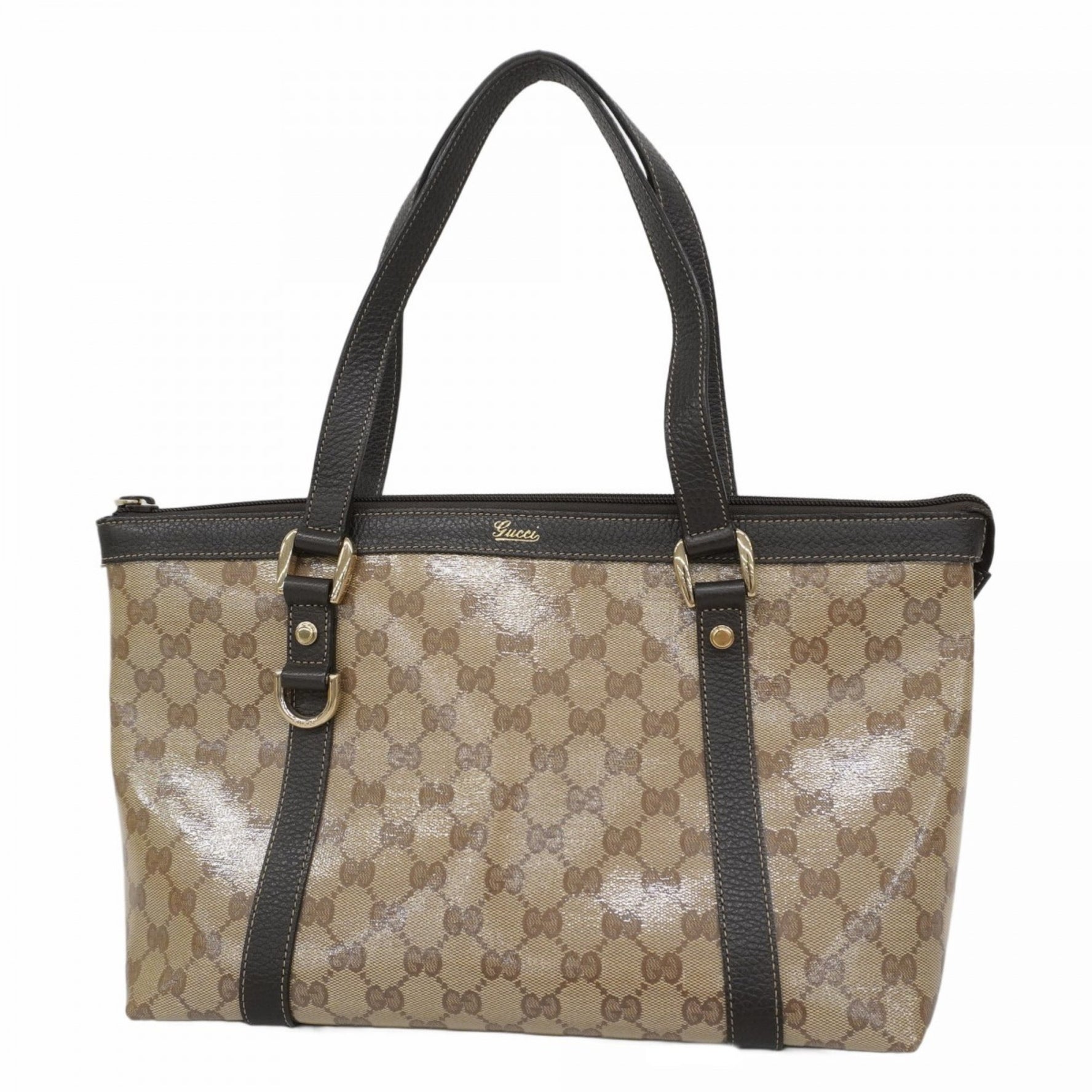 Gucci Tote Bag GG Crystal Abbey Coated Canvas Beige Brown Champagne