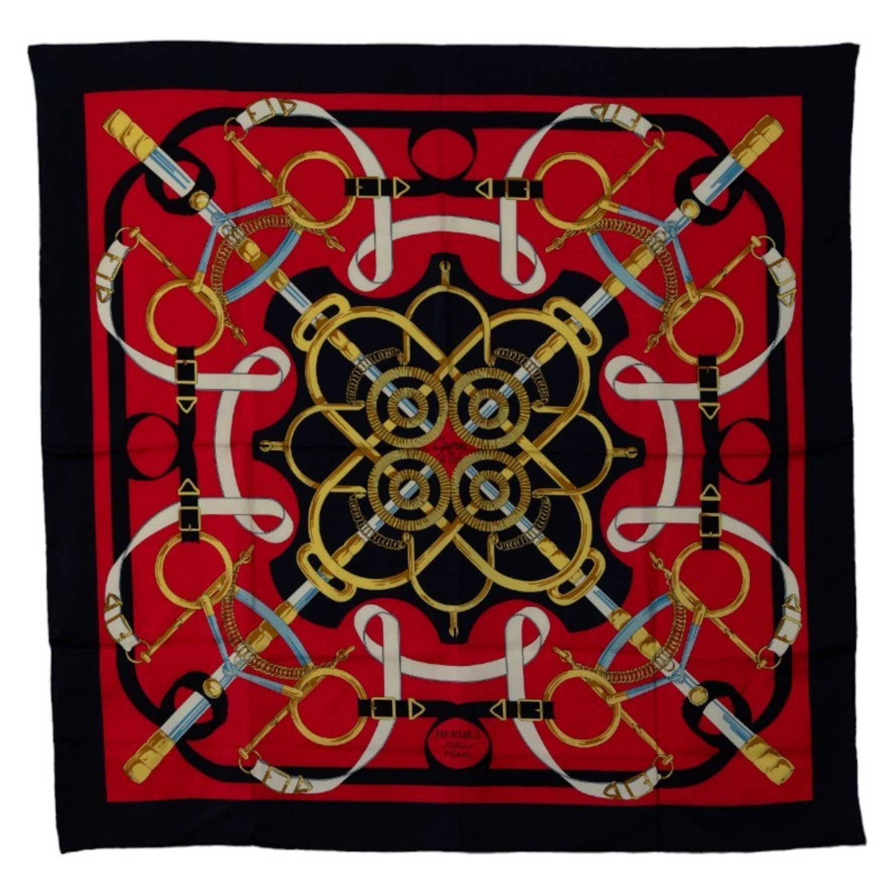 Hermes Carré 90 Eperon d'Or Golden Spur Scarf Muffler Navy Multicolor Silk Women's HERMES