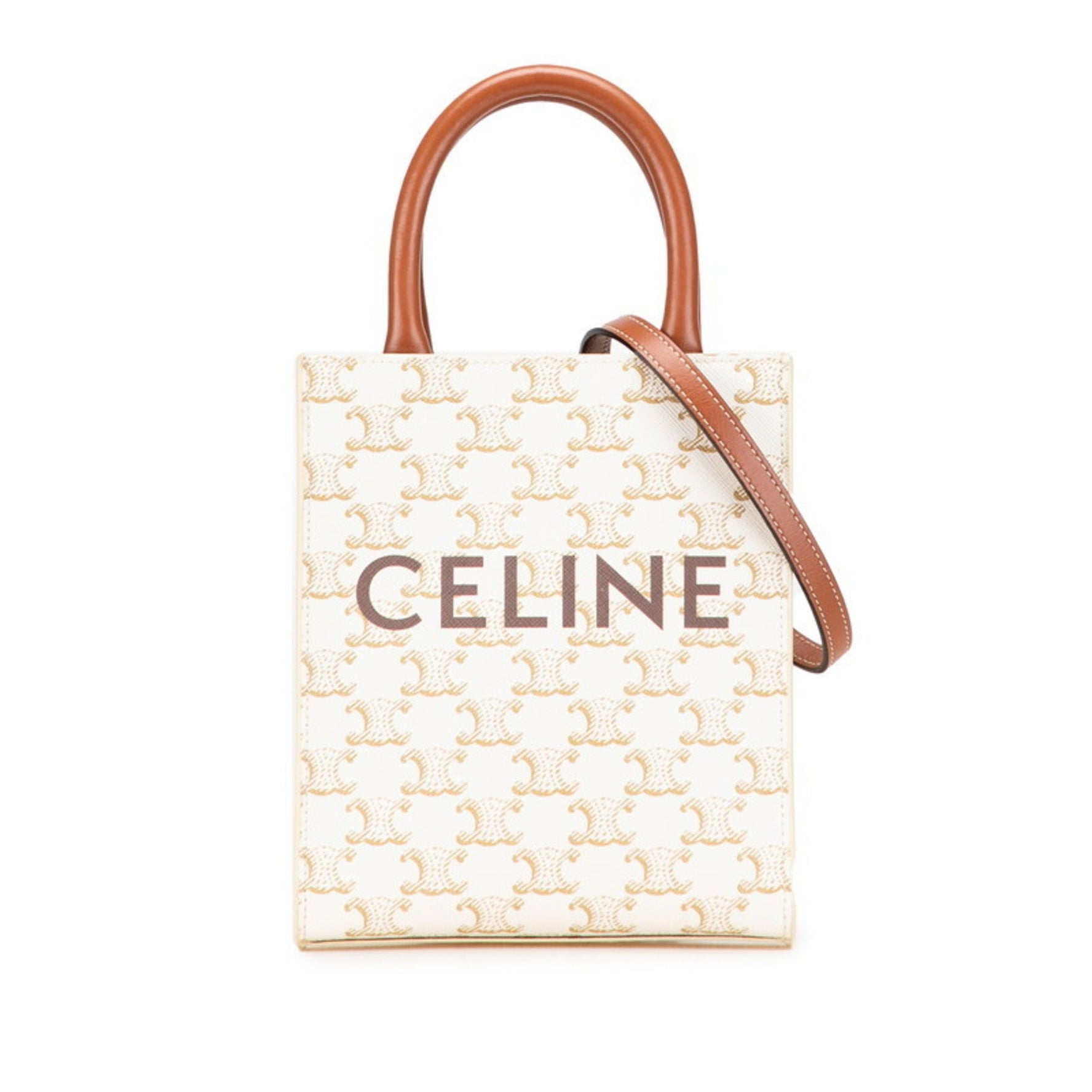 Celine Triomphe Mini Vertical Cabas Handbag/Shoulder Bag, White/Brown Leather