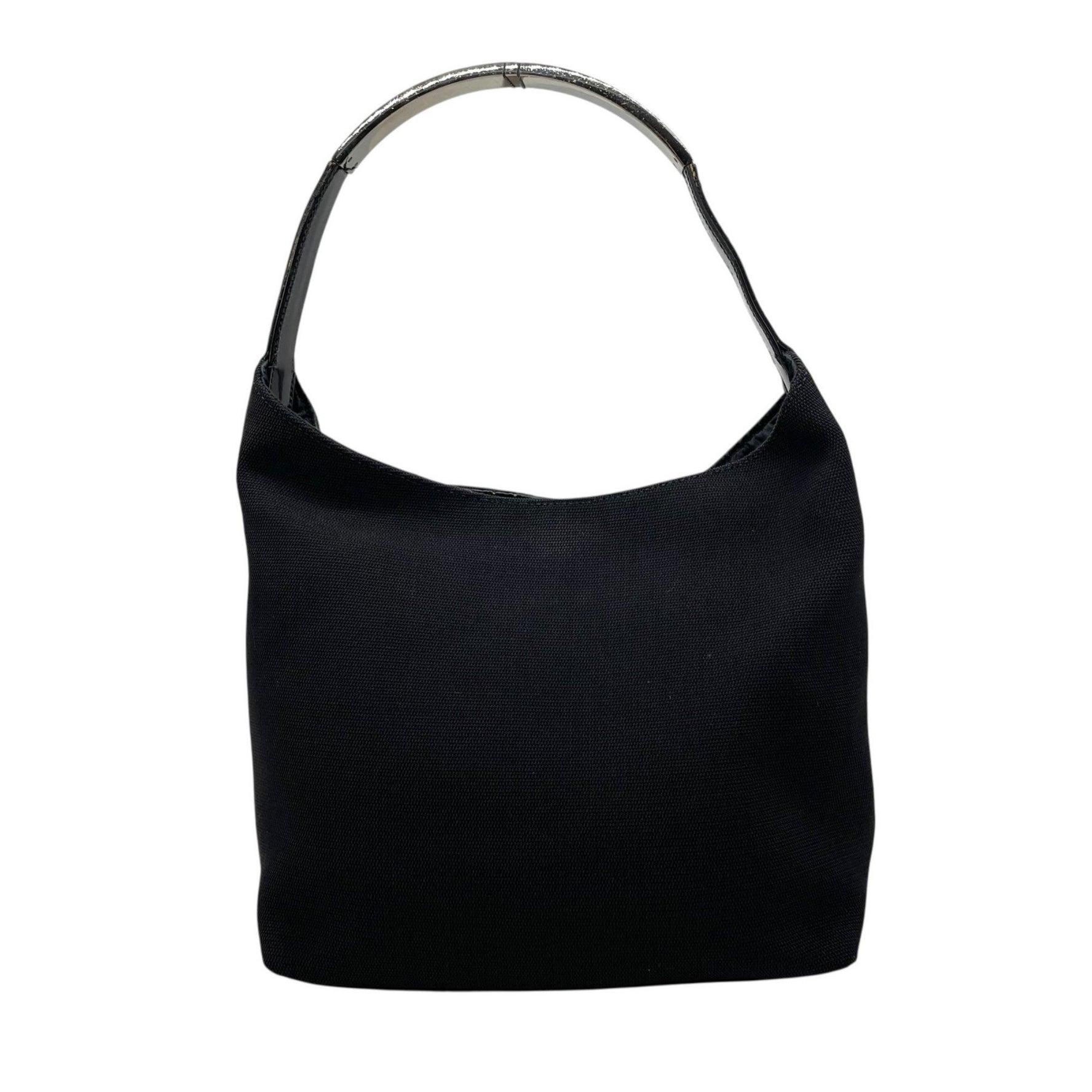 GUCCI One-Shoulder Handbag, Black, Canvas, Patent Leather, Silver Hardware, Metal Handle, Logo Plate, Shoulder Strap, Hobo Style, Women's, D6