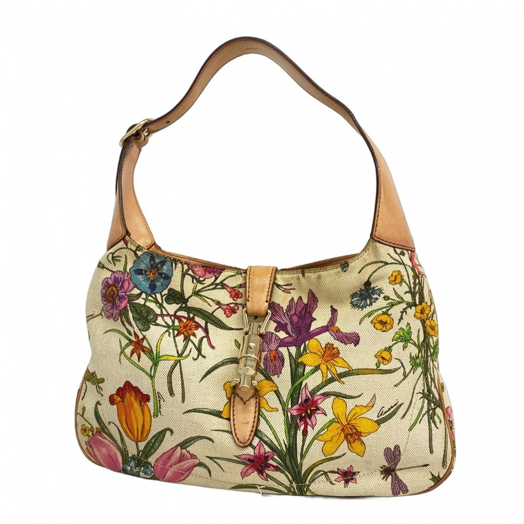 Gucci Flora New Jackie Shoulder Bag Canvas Beige Multicolor Champagne