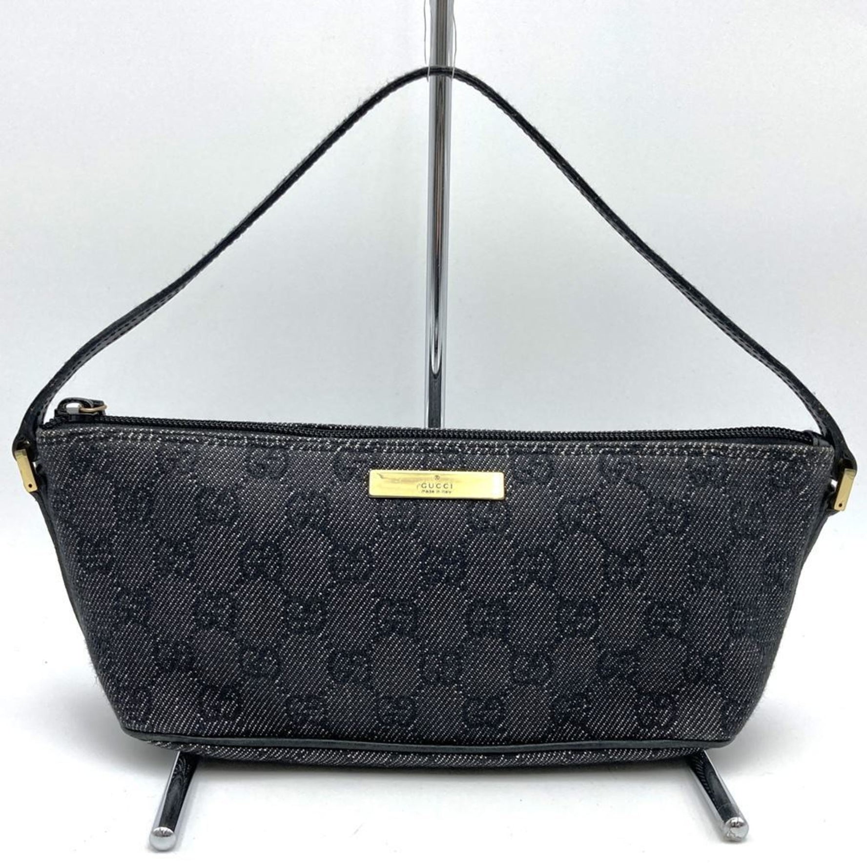 GUCCI 07198 Pouch Handbag in Black and Gray Denim with GG Canvas Leather.