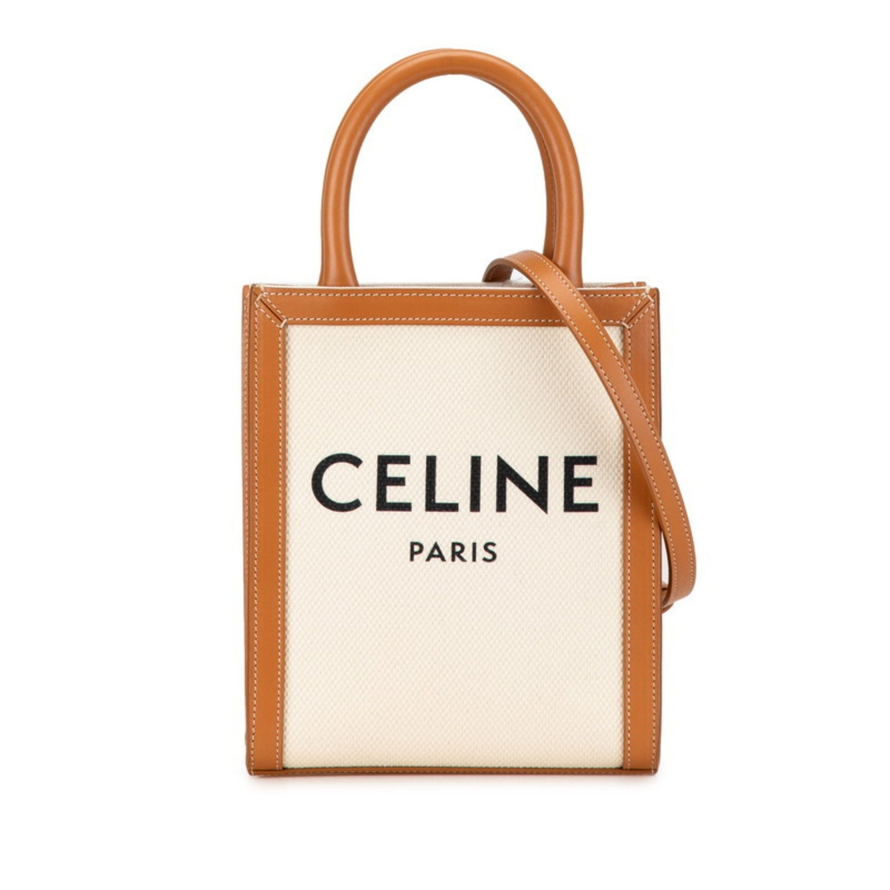 Celine Mini Vertical Cabas Handbag/Shoulder Bag, Natural Tan Canvas and Calfskin