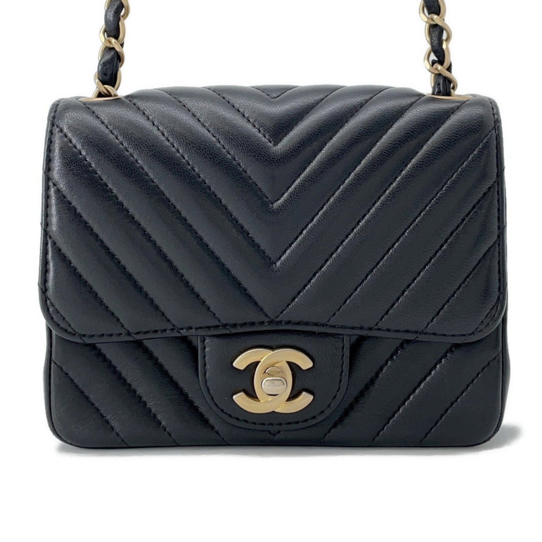 Chanel Chain Shoulder Bag with Chevron V-Stitching and Lambskin Leather