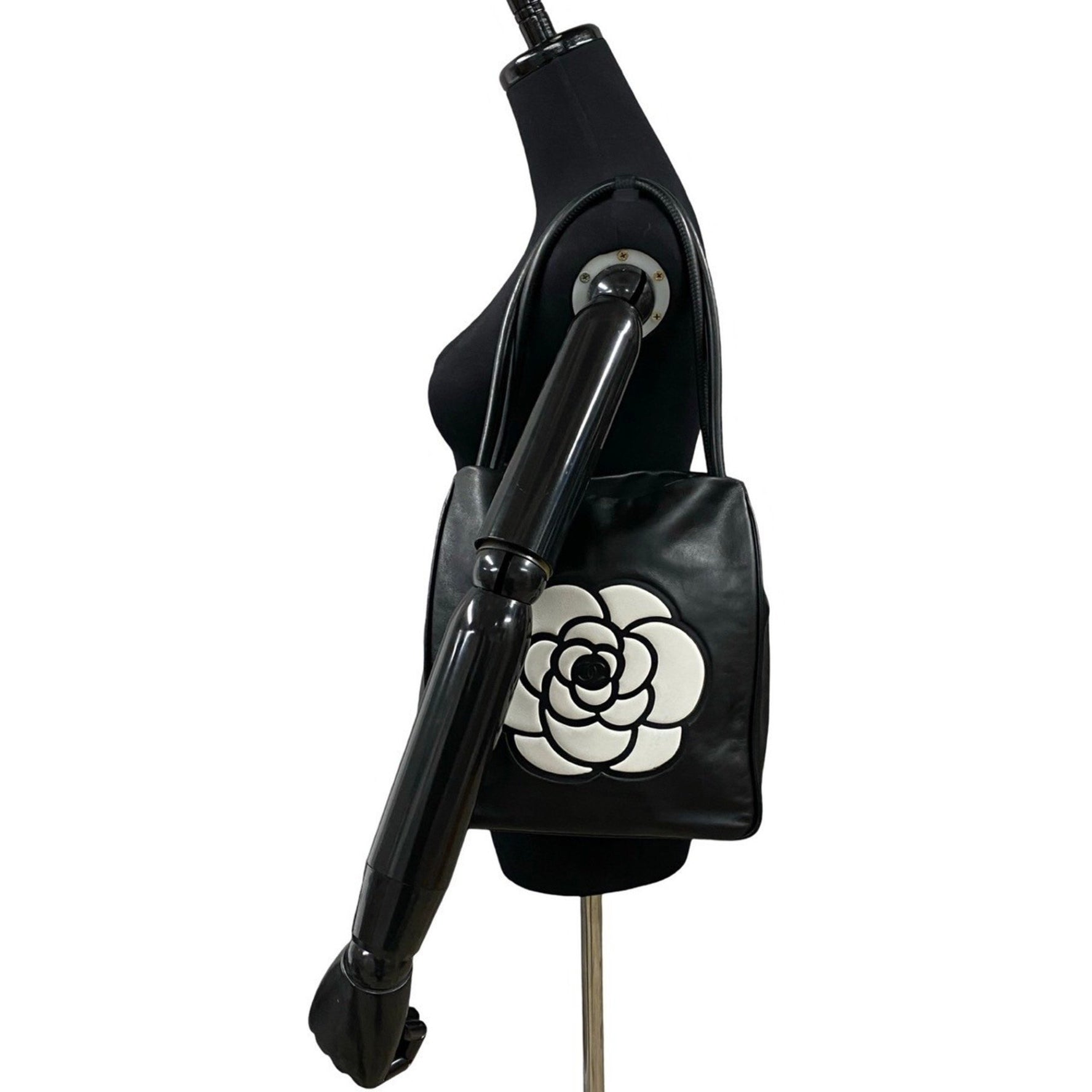 CHANEL Camellia Logo Lambskin Tote Bag, Semi-Shoulder Handbag, Black