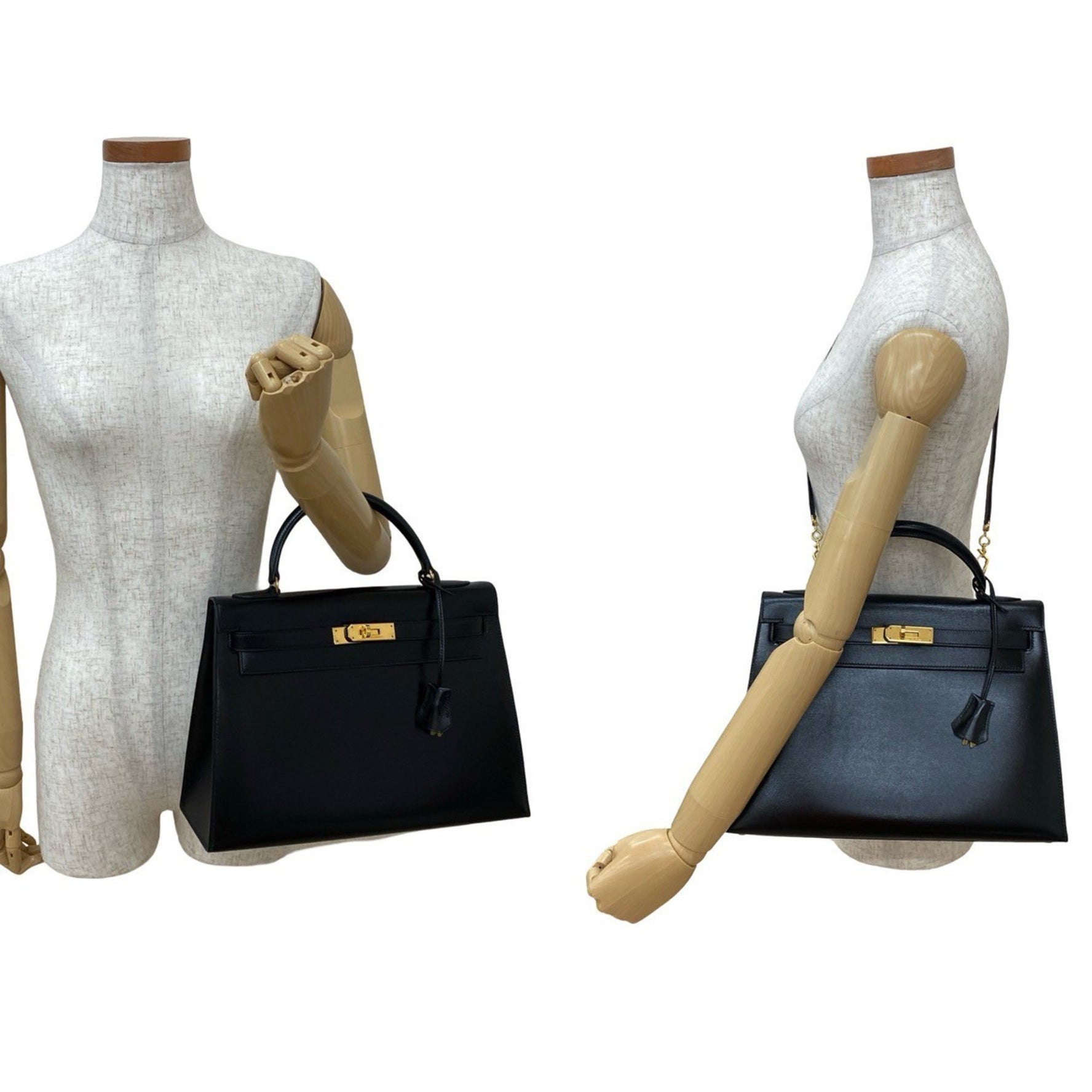 Nearly unused, T-stamped HERMES Kelly 32 box calf leather 2-way handbag/shoulder bag, black,
