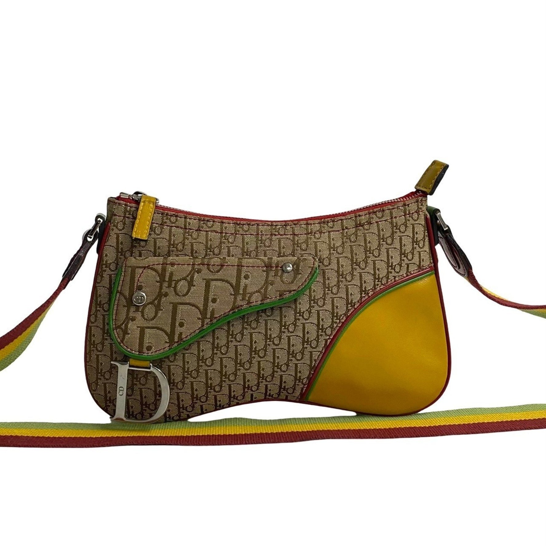 Christian Dior Saddle Bag Trotter Pattern Rasta Color Leather Canvas Shoulder Pochette