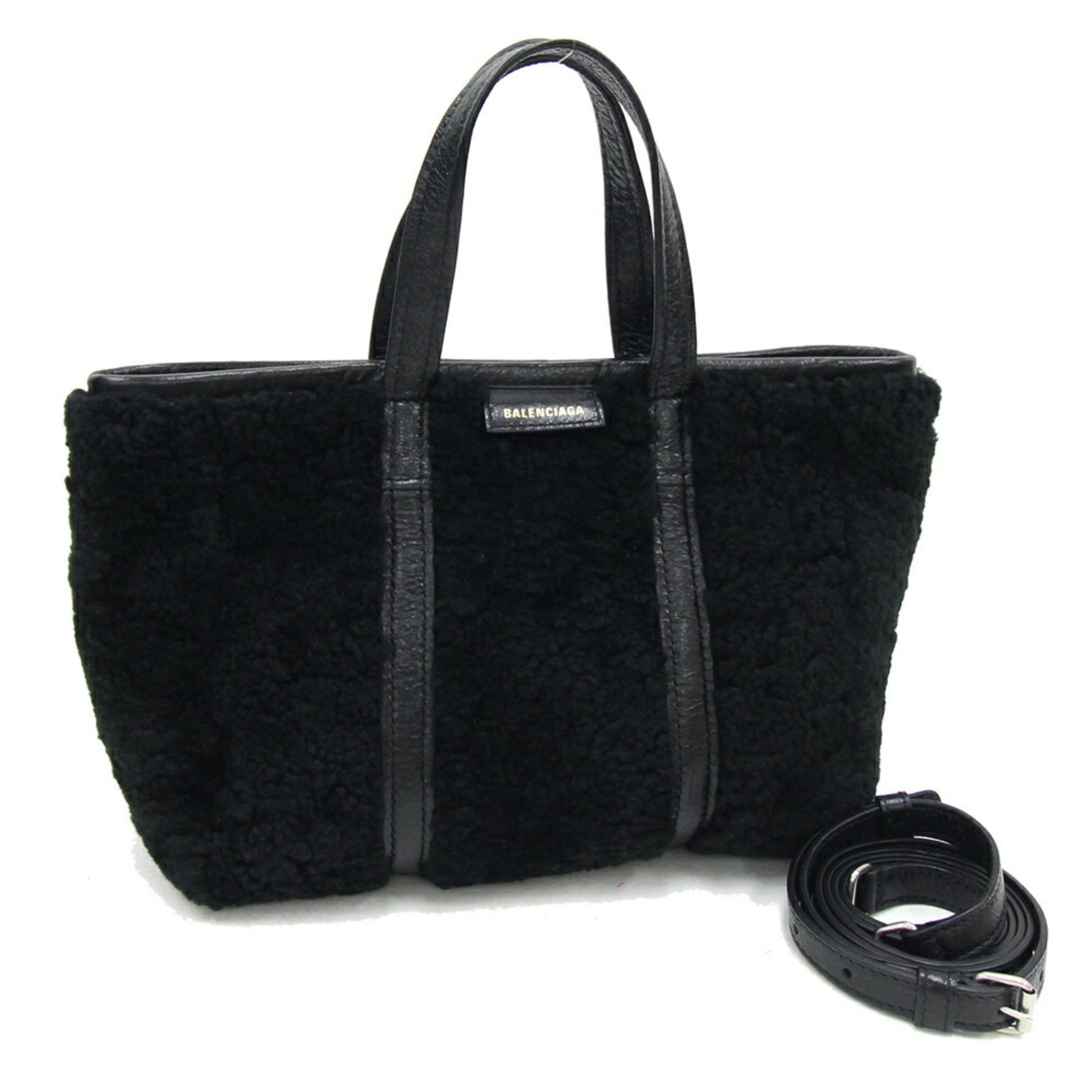 Balenciaga Handbag Barbes Small Black Mouton Leather Fur Women's BALENCIAGA