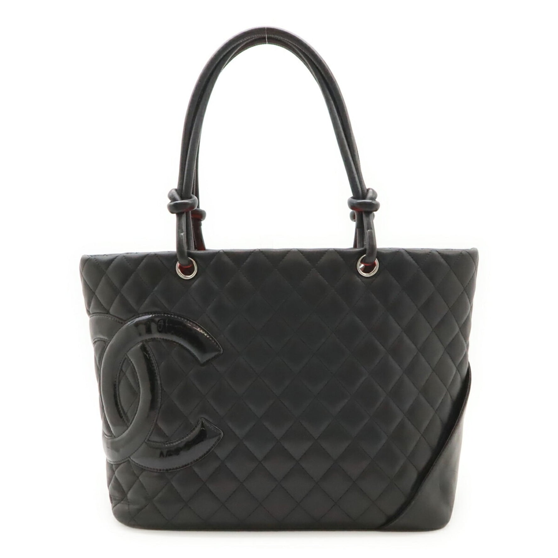 CHANEL Cambon Line Coco Mark Large Tote Shoulder Bag in Soft Calfskin Enamel, Black and Pink