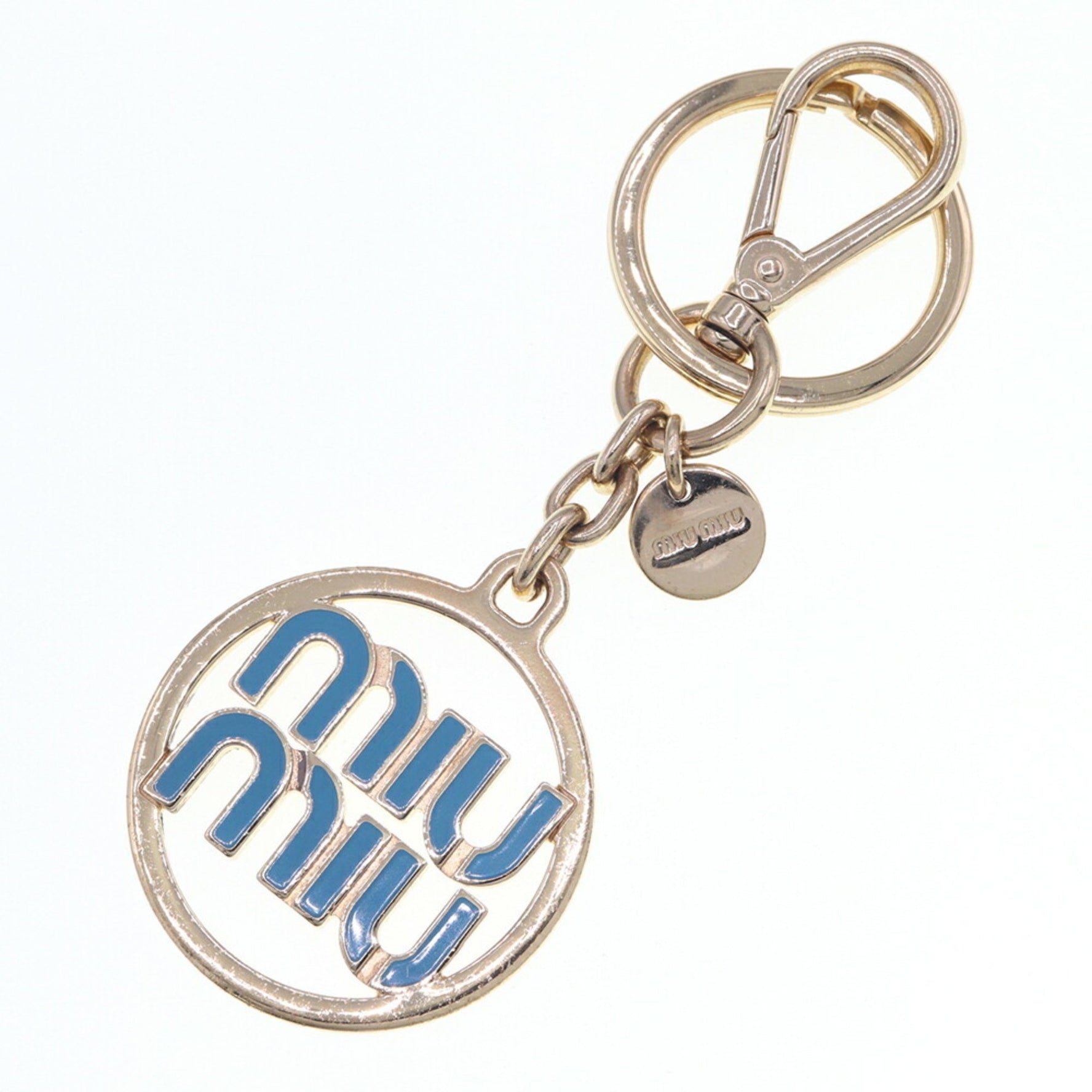 Miu Miu Miu Keychain Gold and Blue Metal Key Ring Bag Charm MIU