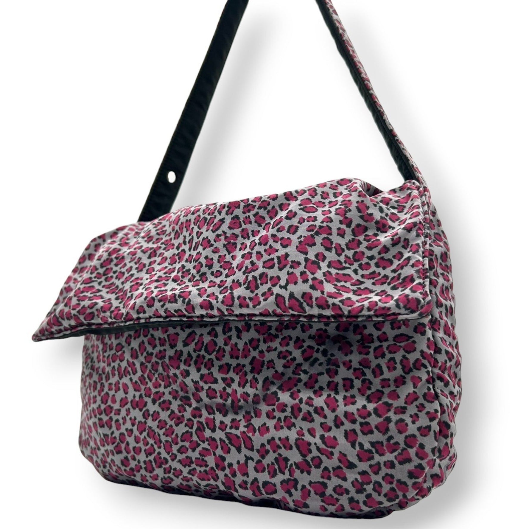 Bottega Veneta One-Shoulder Flap Nylon Leopard Print Shoulder Bag in Pink and Gray, Made Italy, Unique Design