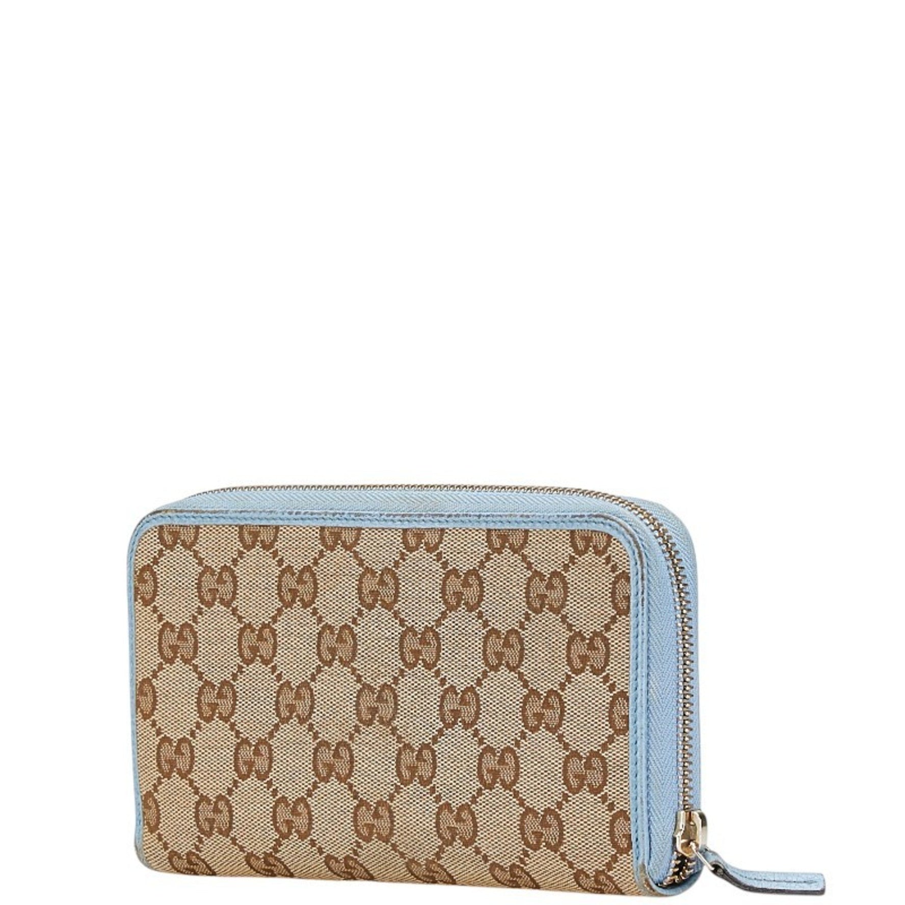 Gucci GG Canvas Round Zip Long Wallet Beige Blue Leather