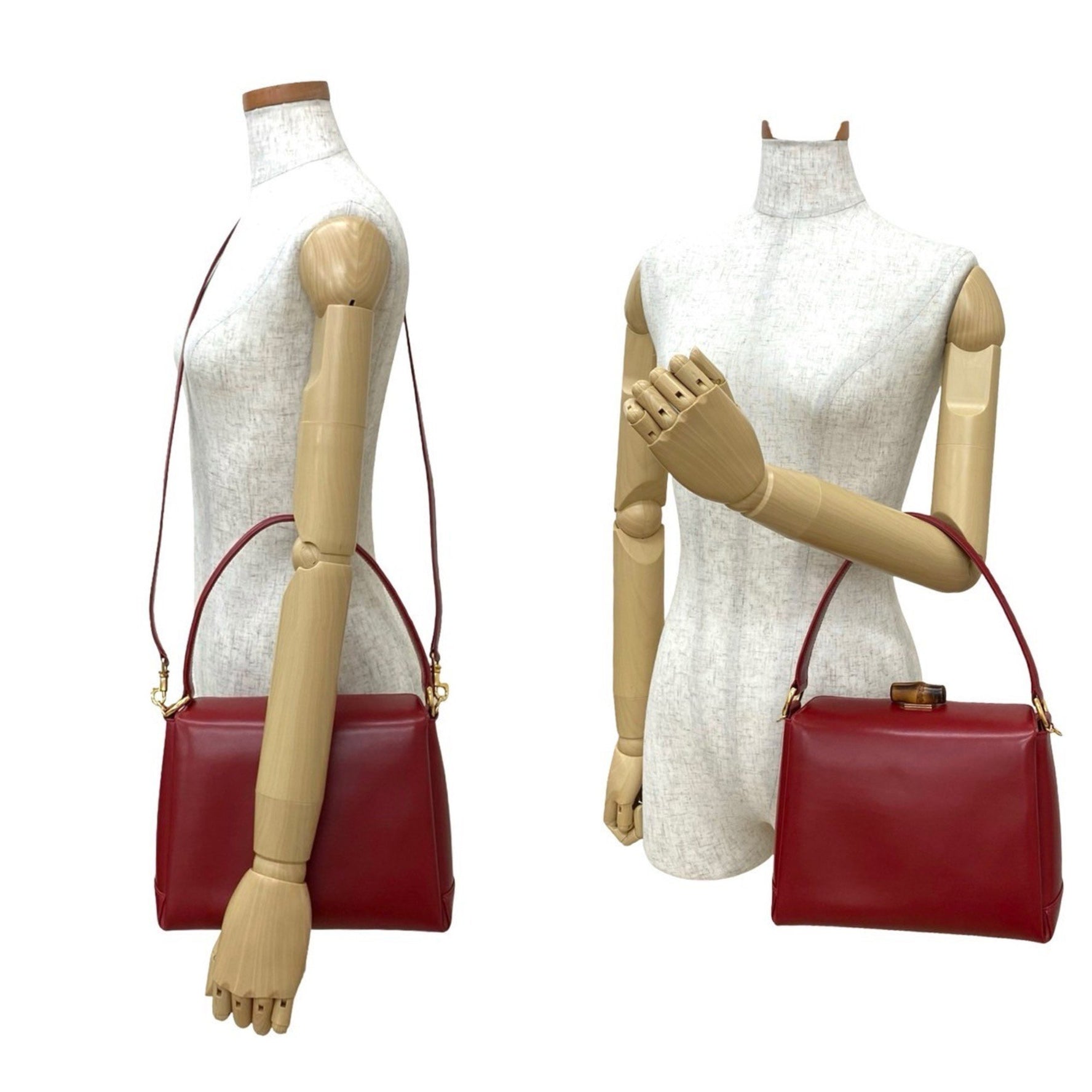 GUCCI Old Gucci Bamboo Calf Leather Genuine Turnlock 2-Way Handbag/Shoulder Bag Red 06610