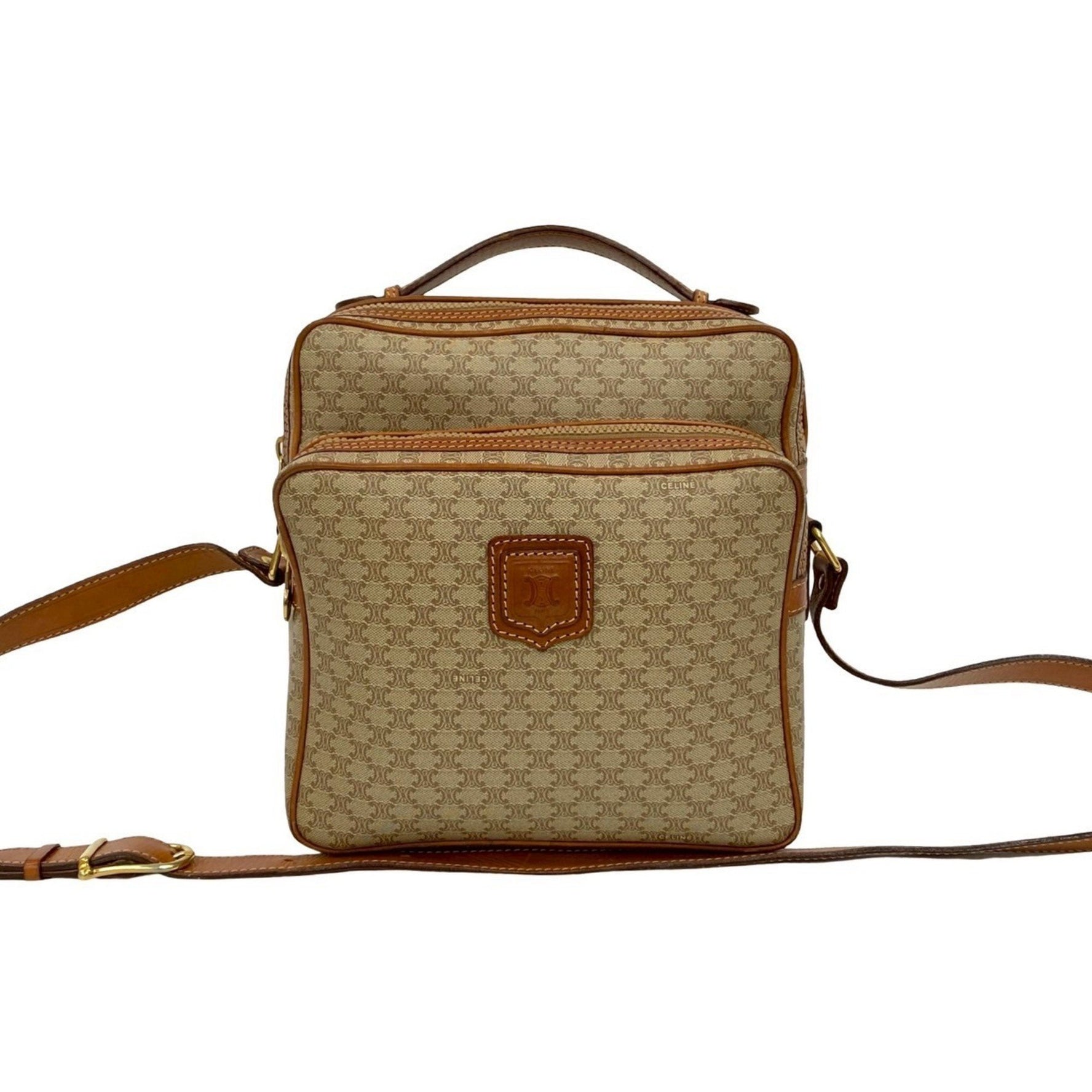 CELINE Macadam Blason Pattern Leather Shoulder Bag/Pochette in Beige and Brown