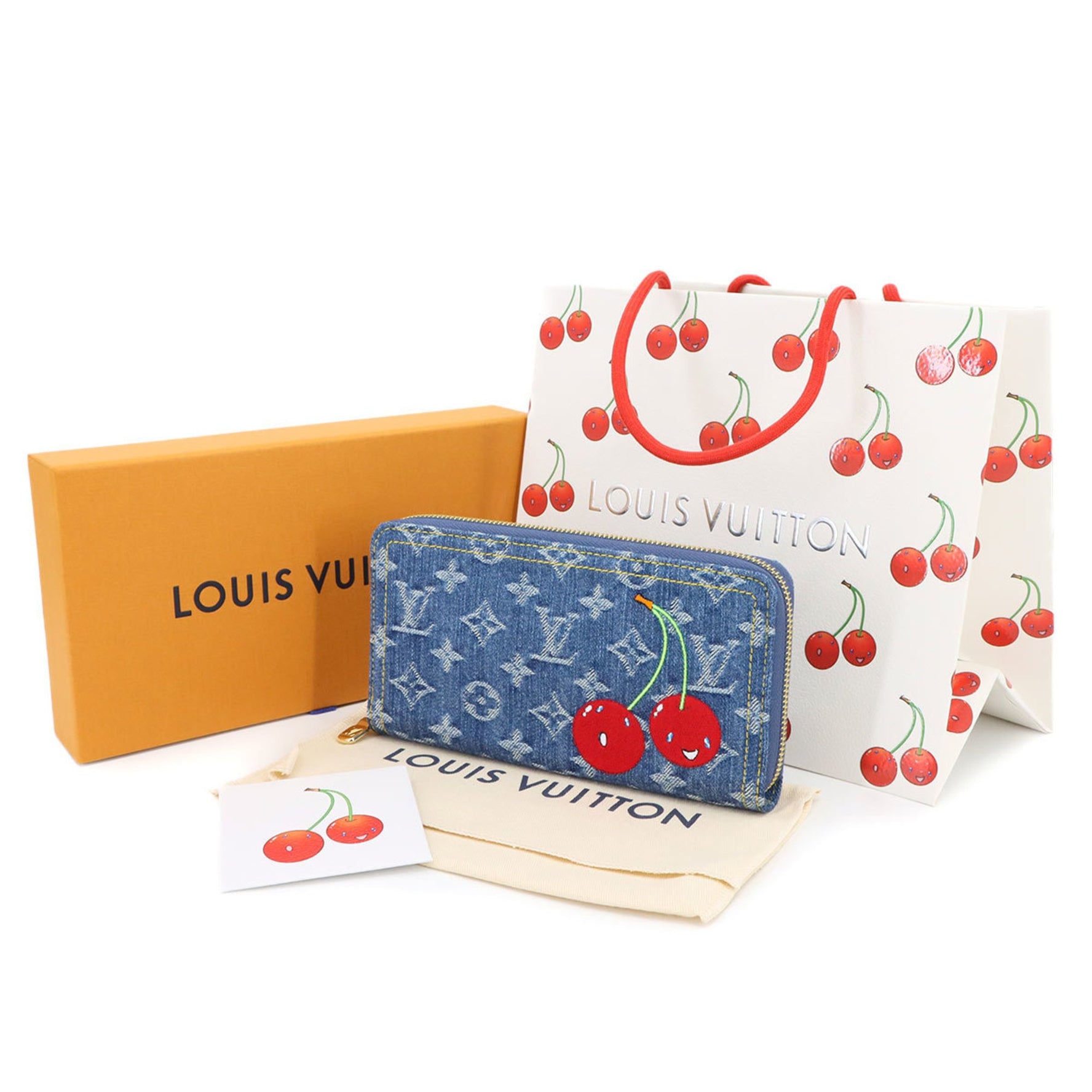 Louis Vuitton LVxTM Zippy Wallet, Round Long Monogram Cherry Denim, Denim Blue, Takashi Murakami RFID Wallet