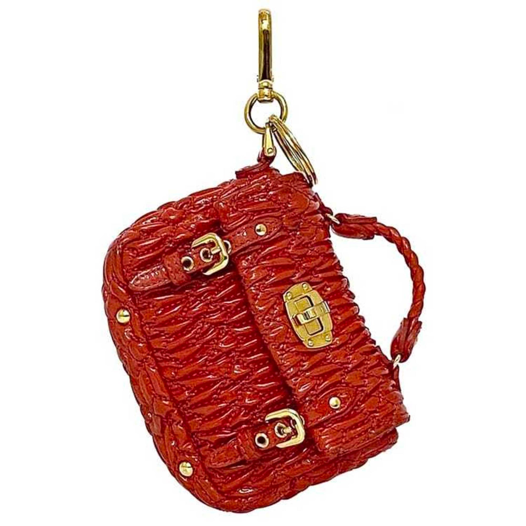 Miu Miu Miu Charm Pouch Red Matelasse Enamel 149 Key Holder Coin Case Mini Compact Coins