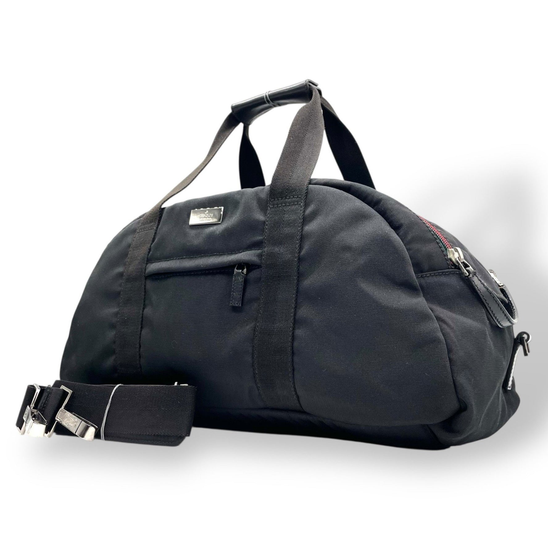 GUCCI Boston bag, 2-way handbag, black nylon, shoulder/crossbody, silver hardware, men's and women's, Z4