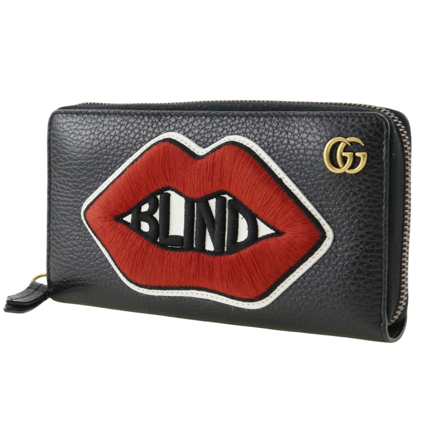 GUCCI Round Long Wallet Embroidered GG Marmont Leather Black Zip Around Unisex