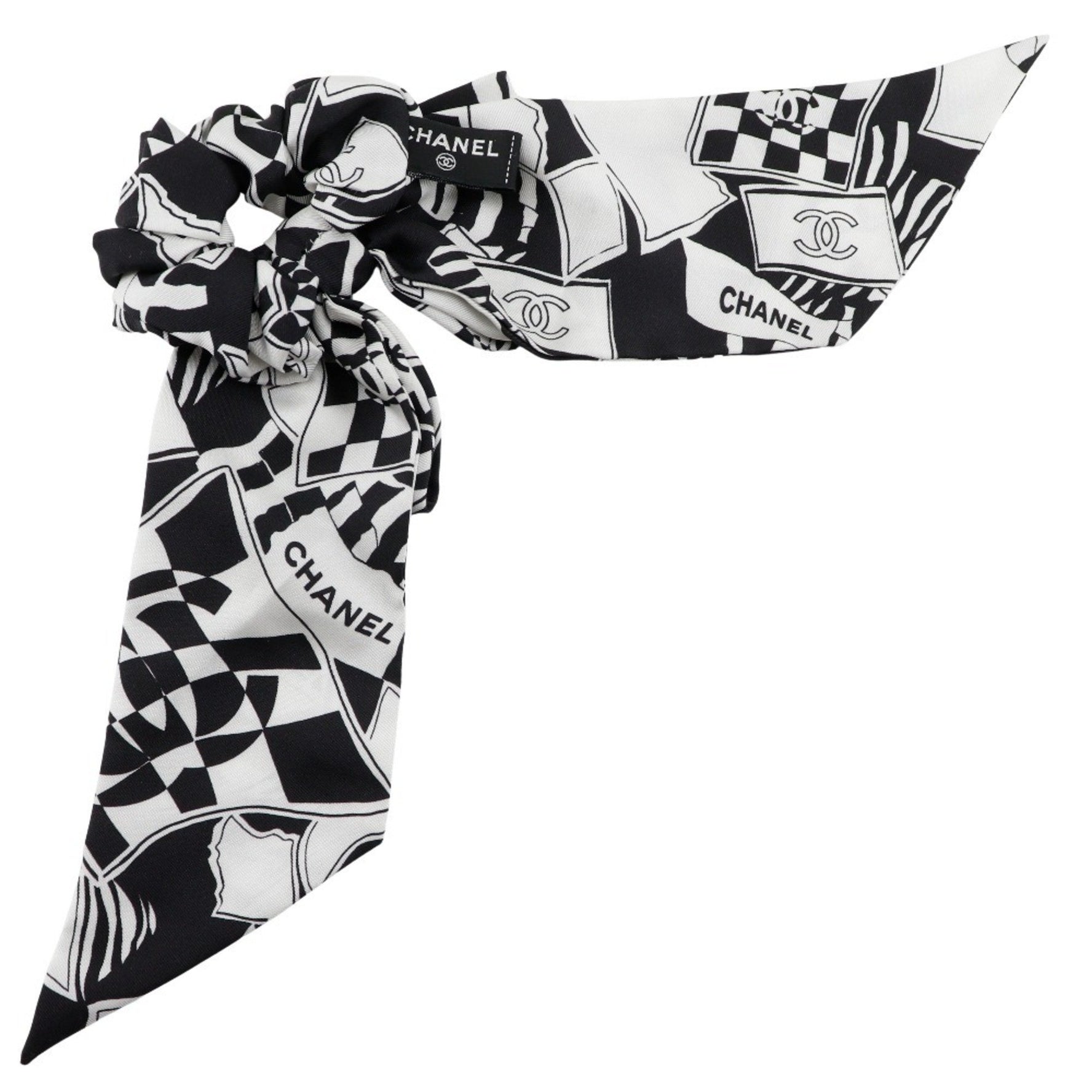 CHANEL Scrunchie with Coco Mark Ribbon, Silk, Black/White