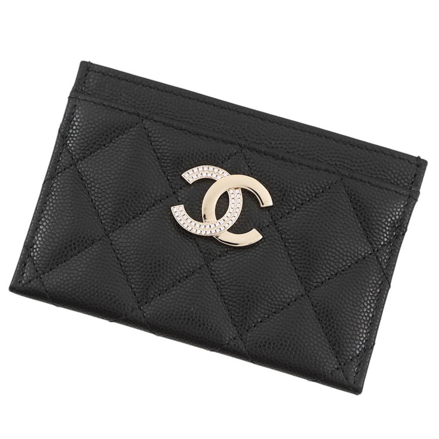 Chanel Business Card Case, Coco Mark Half Rhinestone Caviar Leather
