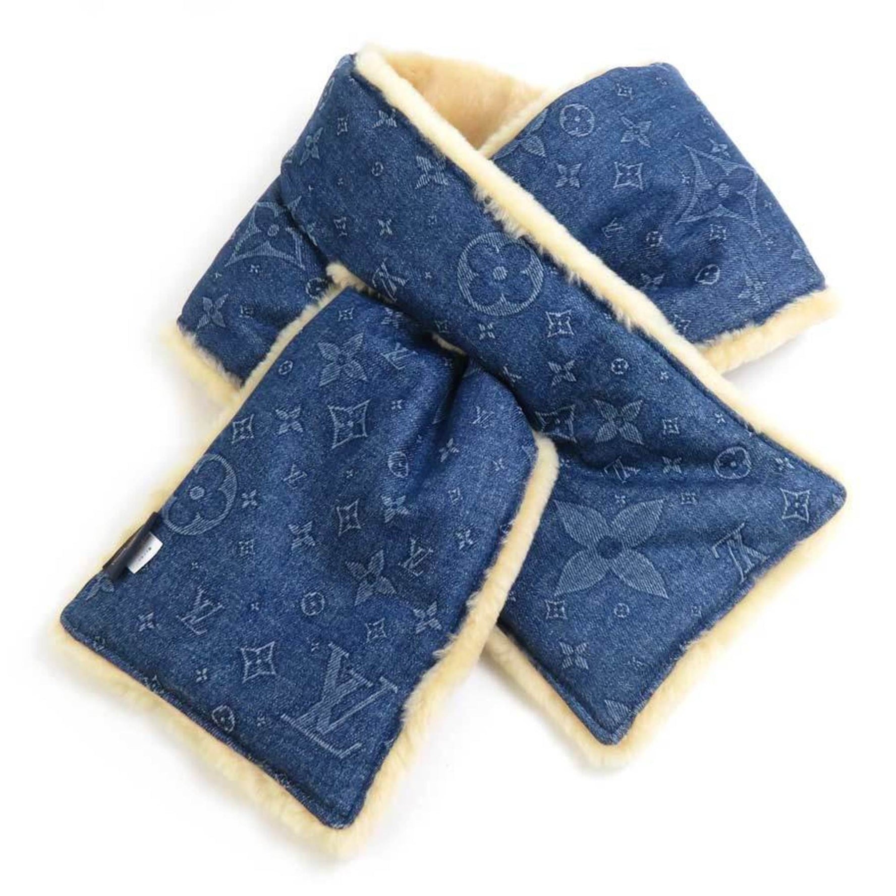 Louis Vuitton Stole/Scarf Echarpe Shearling Denim Cotton Sheepskin Blue Beige Men's