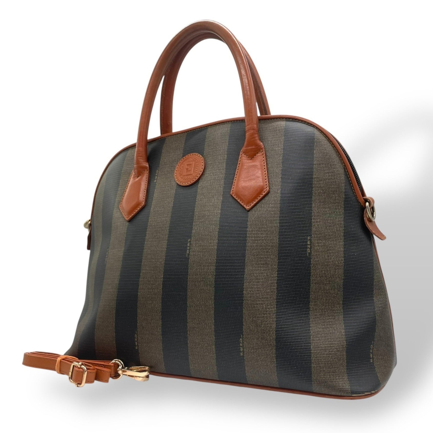 Vintage Fendi Boston bag in brown and khaki leather with a pecan pattern stripes.